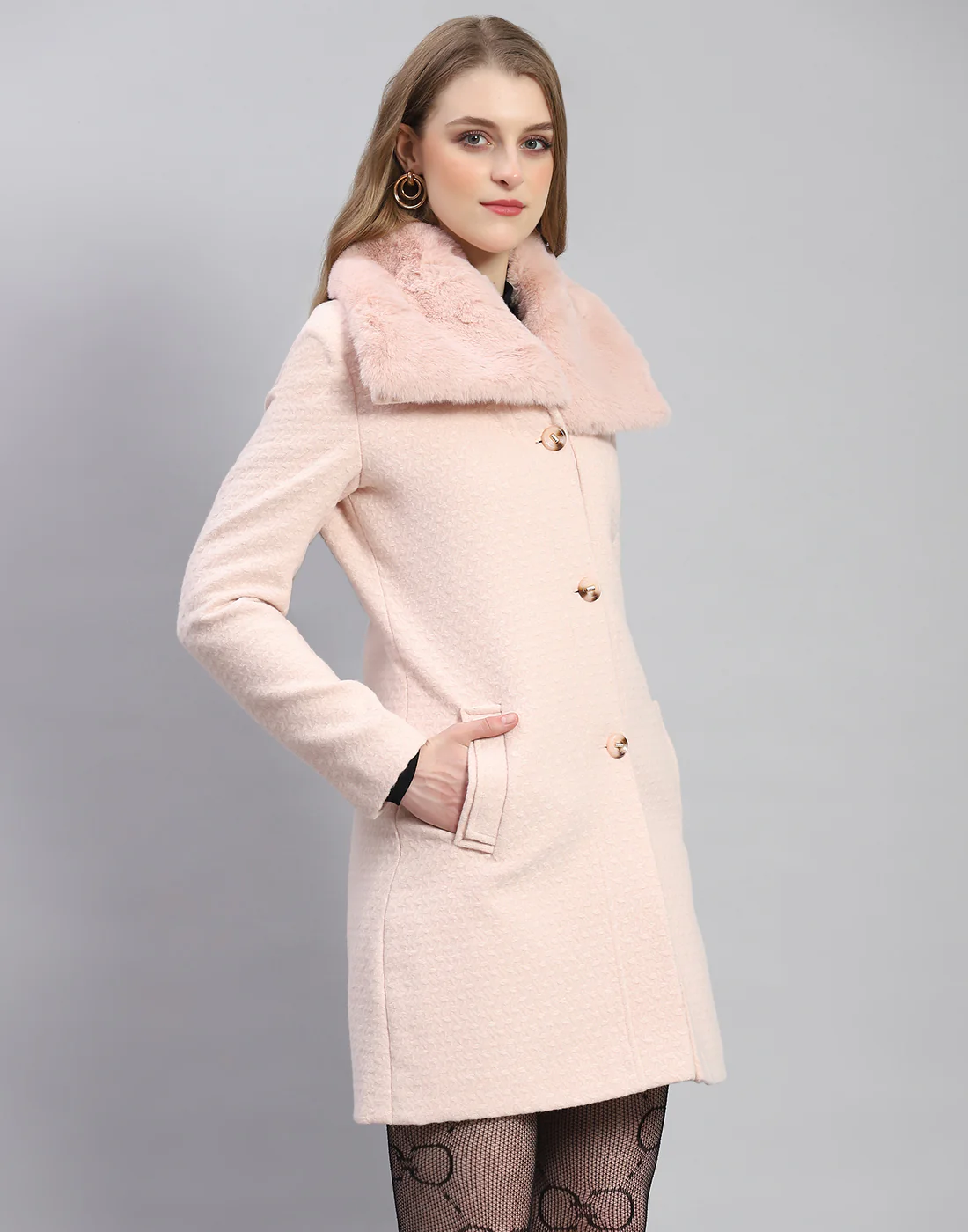 Women Pink Self Design Collar Full Sleeve Coat - Image 4