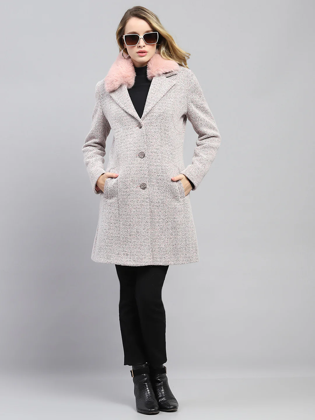 Women Pink Self Design Collar Full Sleeve Coat - Image 2
