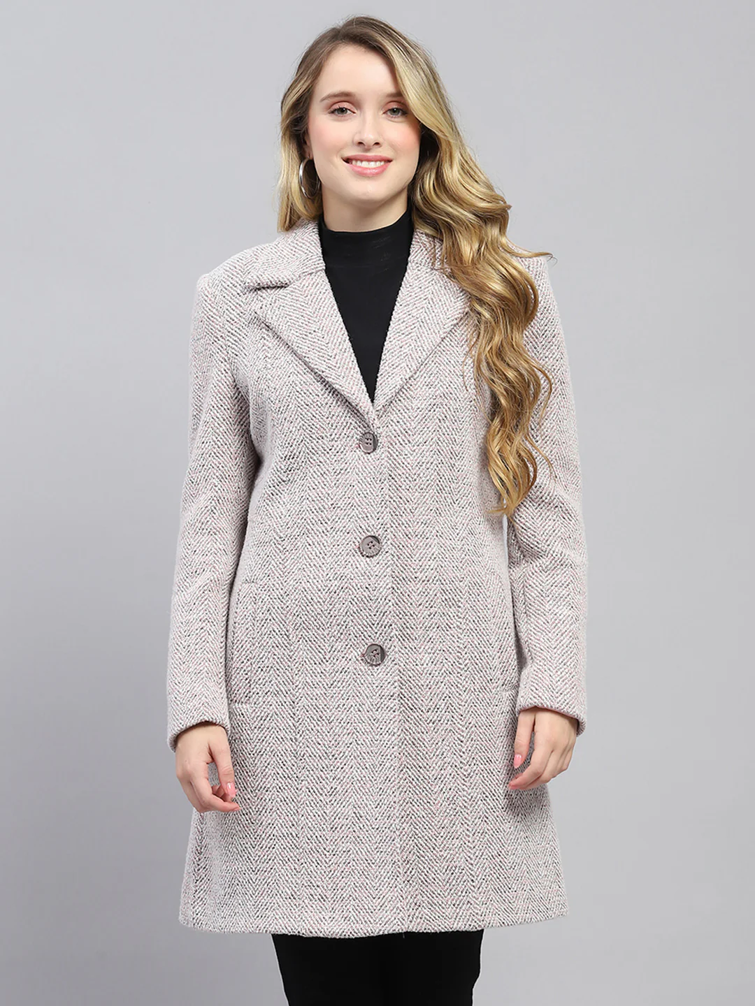 Women Pink Self Design Collar Full Sleeve Coat - Image 6