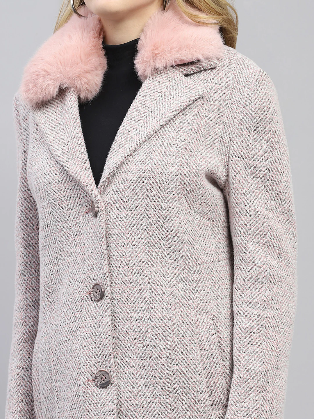 Women Pink Self Design Collar Full Sleeve Coat - Image 7