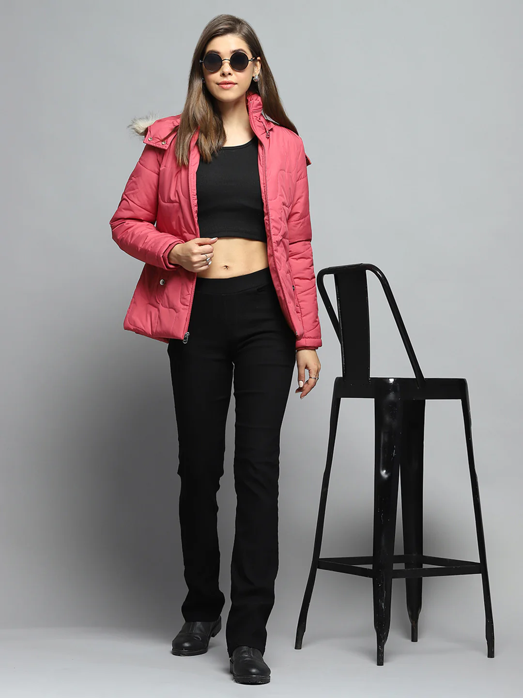 Women Pink Self Design Detachable Hood Full Sleeve Jacket - Image 2