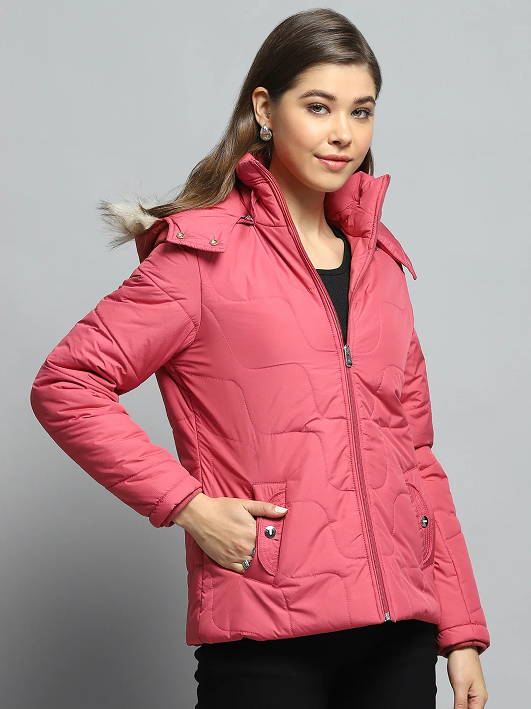 Women Pink Self Design Detachable Hood Full Sleeve Jacket - Image 4