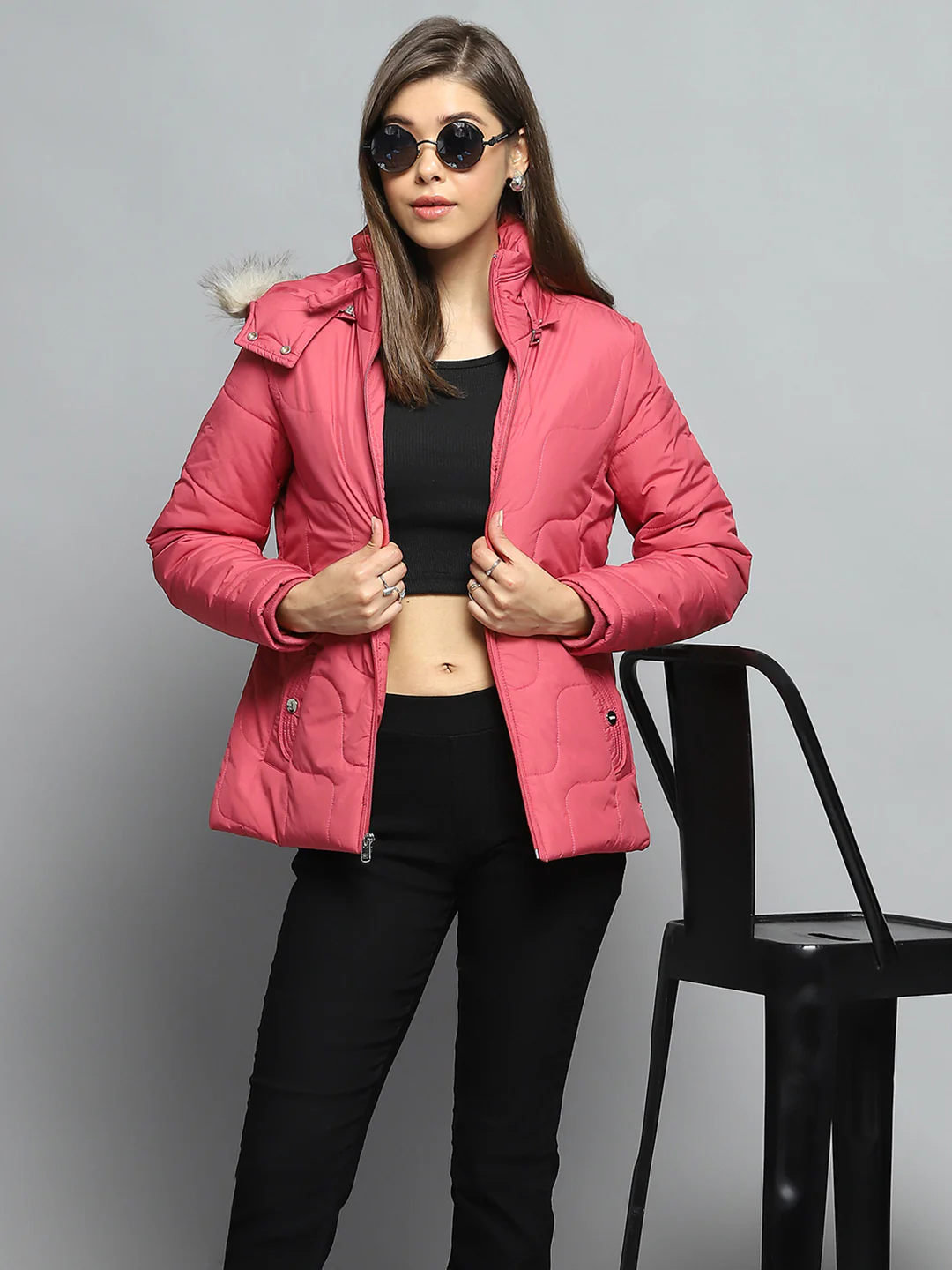 Women Pink Self Design Detachable Hood Full Sleeve Jacket - Image 6