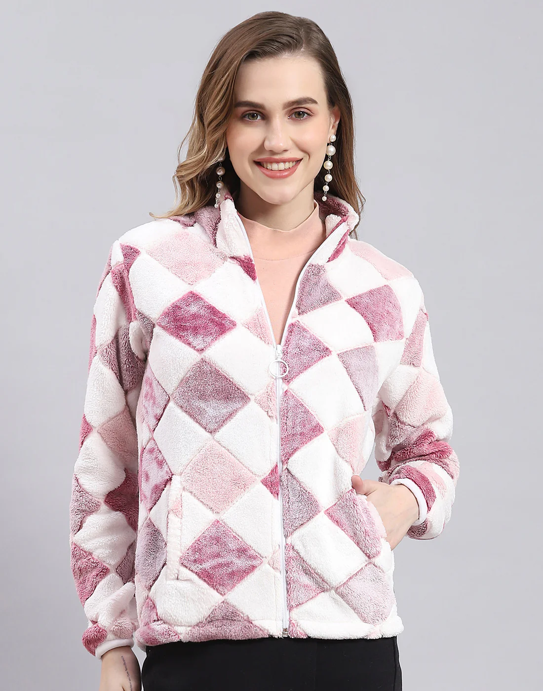 Women Pink Self Design F Neck Full Sleeve Sweatshirt - Image 4