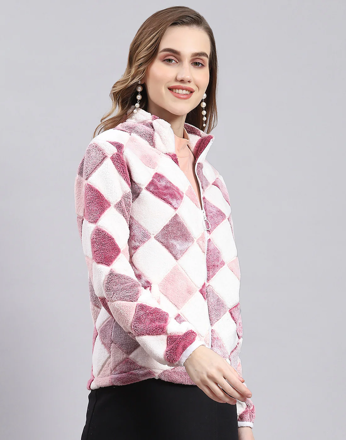 Women Pink Self Design F Neck Full Sleeve Sweatshirt - Image 5