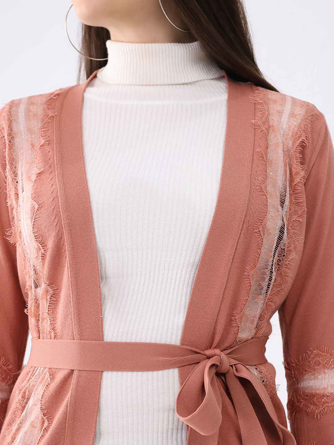 Women Pink Self Design Front Open Full Sleeve Cardigan - Image 7