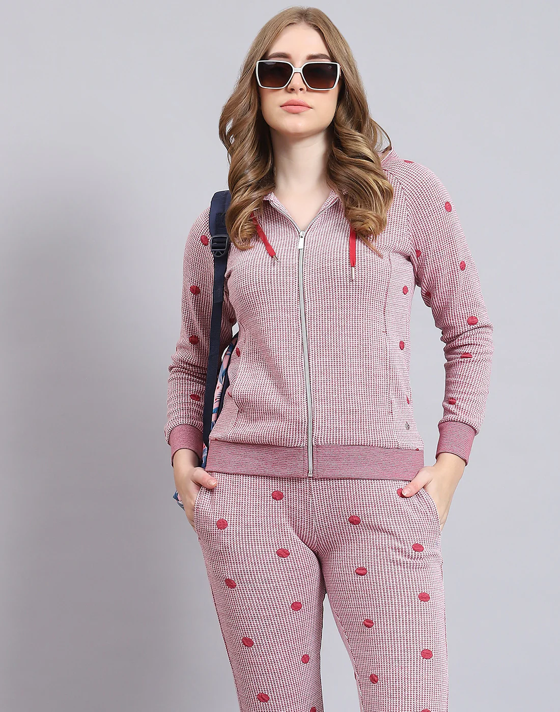 Women Pink Self Design Hooded Full Sleeve Tracksuit - Image 3