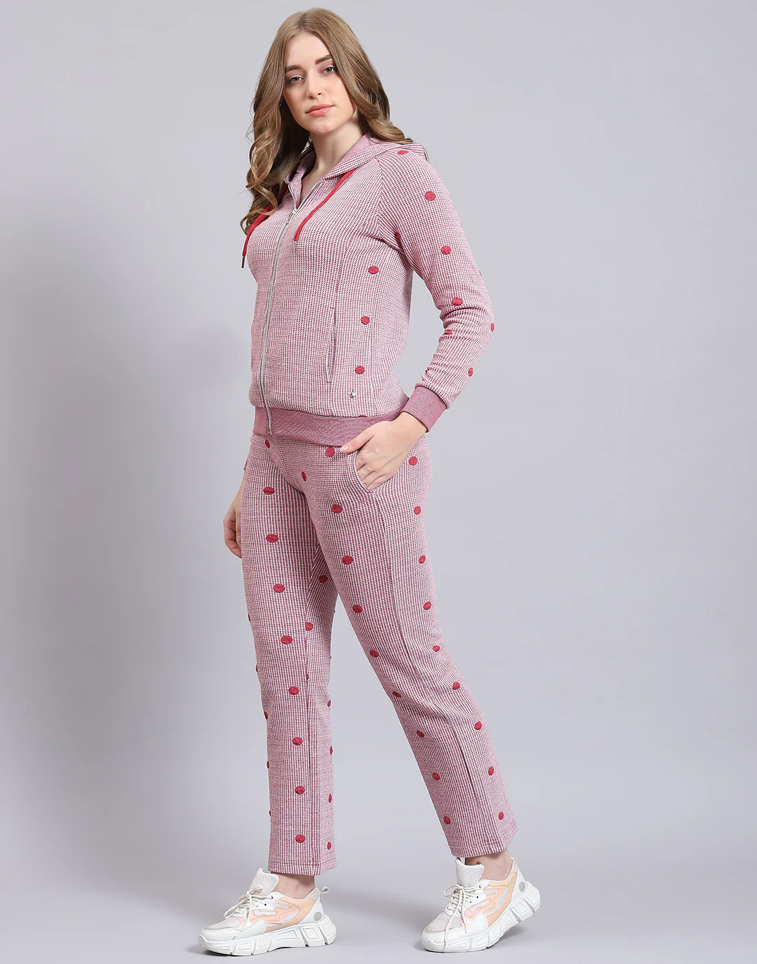 Women Pink Self Design Hooded Full Sleeve Tracksuit - Image 5