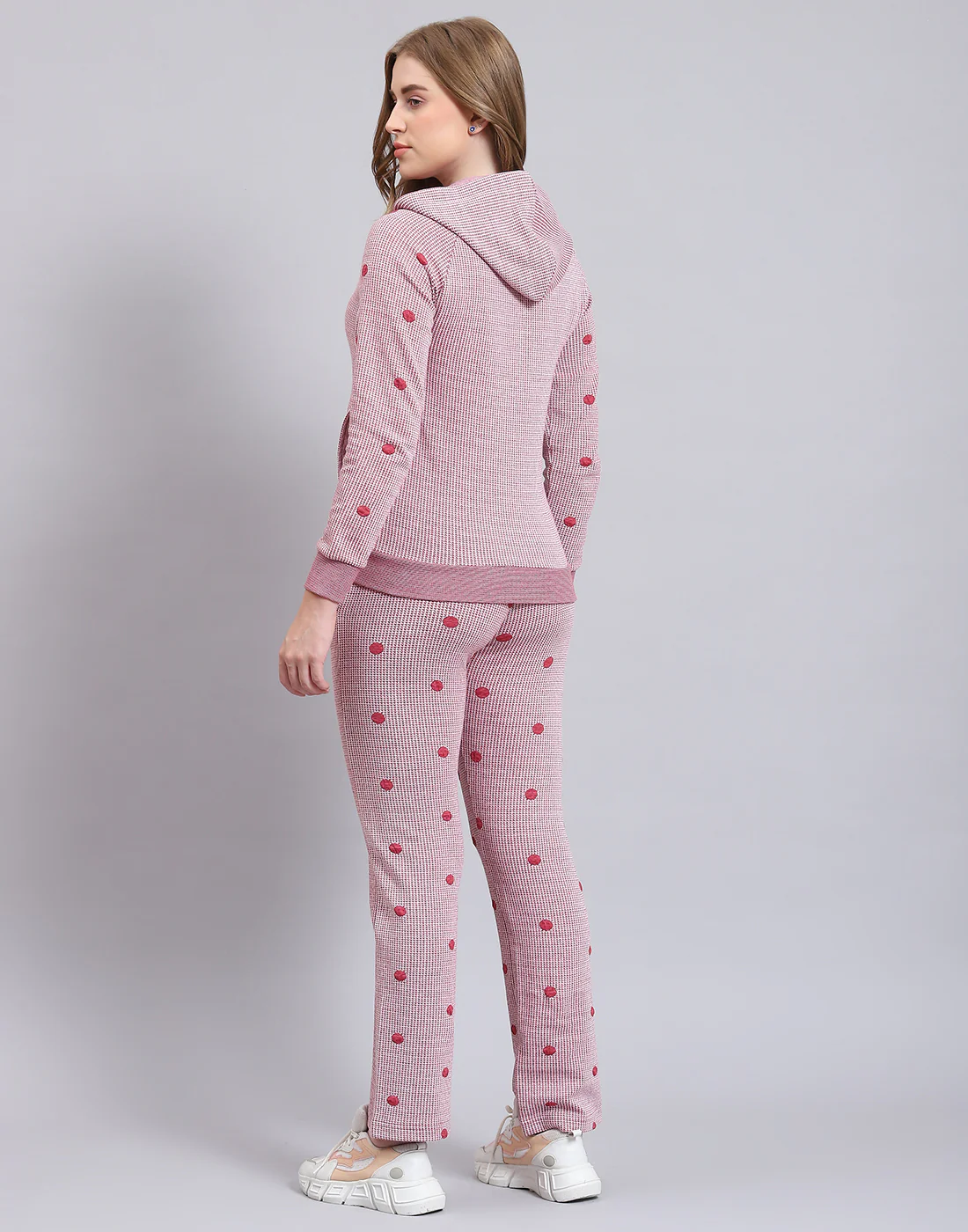 Women Pink Self Design Hooded Full Sleeve Tracksuit - Image 6