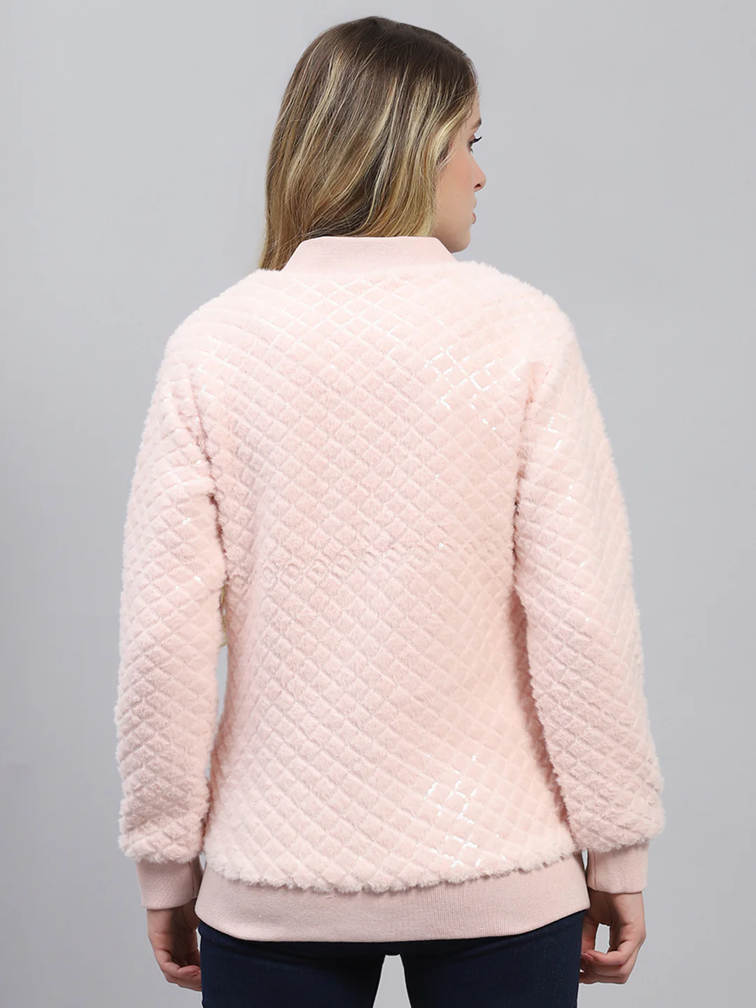 Women Pink Self Design Mock Neck Full Sleeve Sweatshirt - Image 5