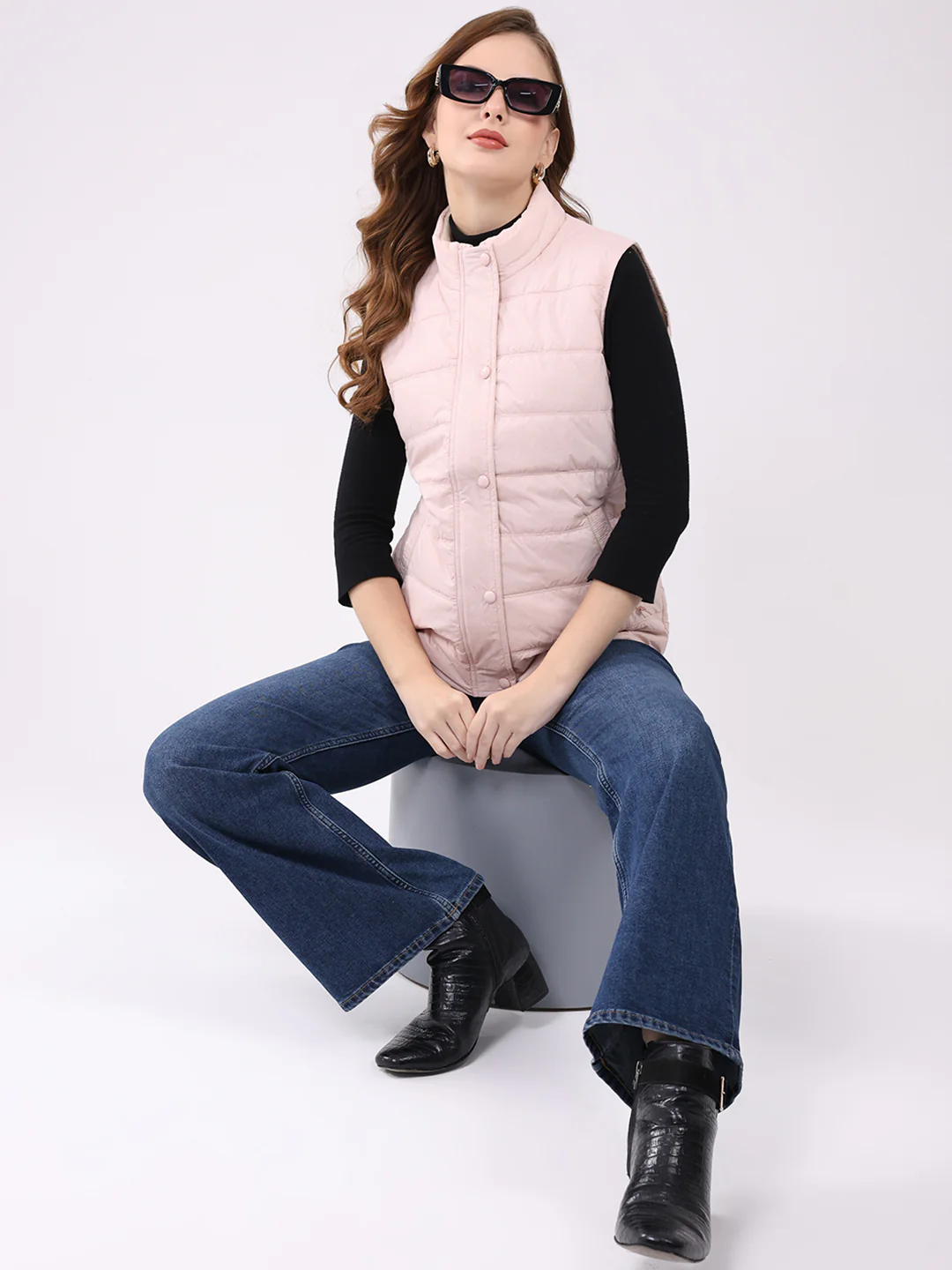 Women Pink Self Design Mock Neck Sleeveless Jacket - Image 2
