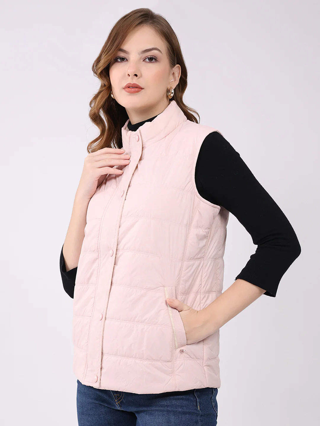 Women Pink Self Design Mock Neck Sleeveless Jacket - Image 3
