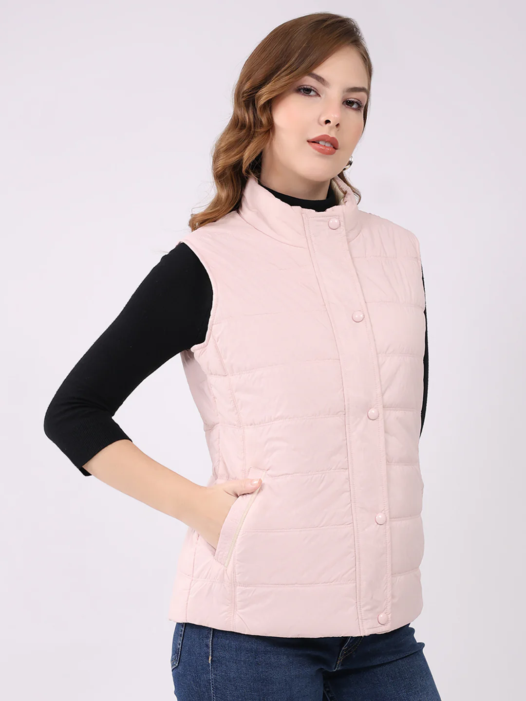 Women Pink Self Design Mock Neck Sleeveless Jacket - Image 4