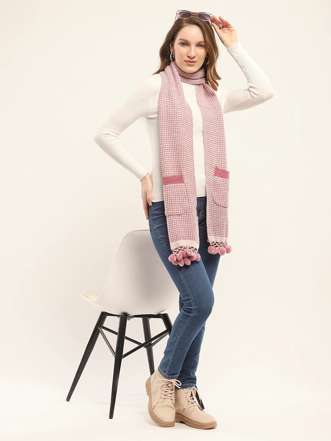 Women Pink Self Design Muffler - Image 2