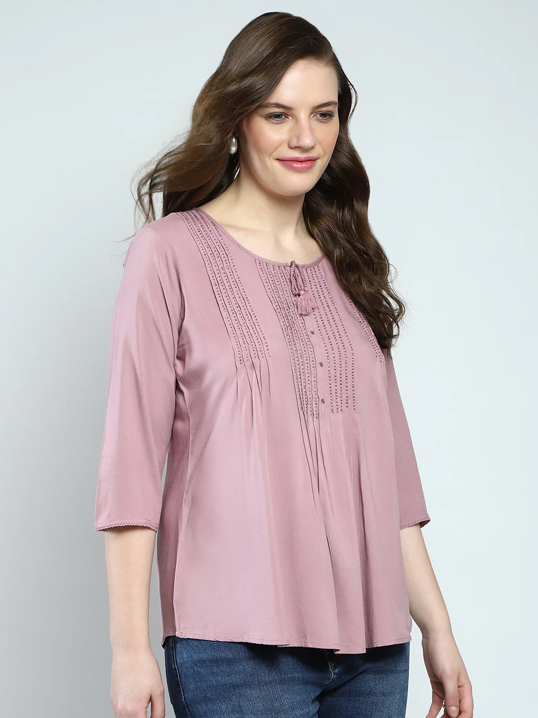 Women Pink Self Design Round Neck 3/4th Sleeve Top - Image 4