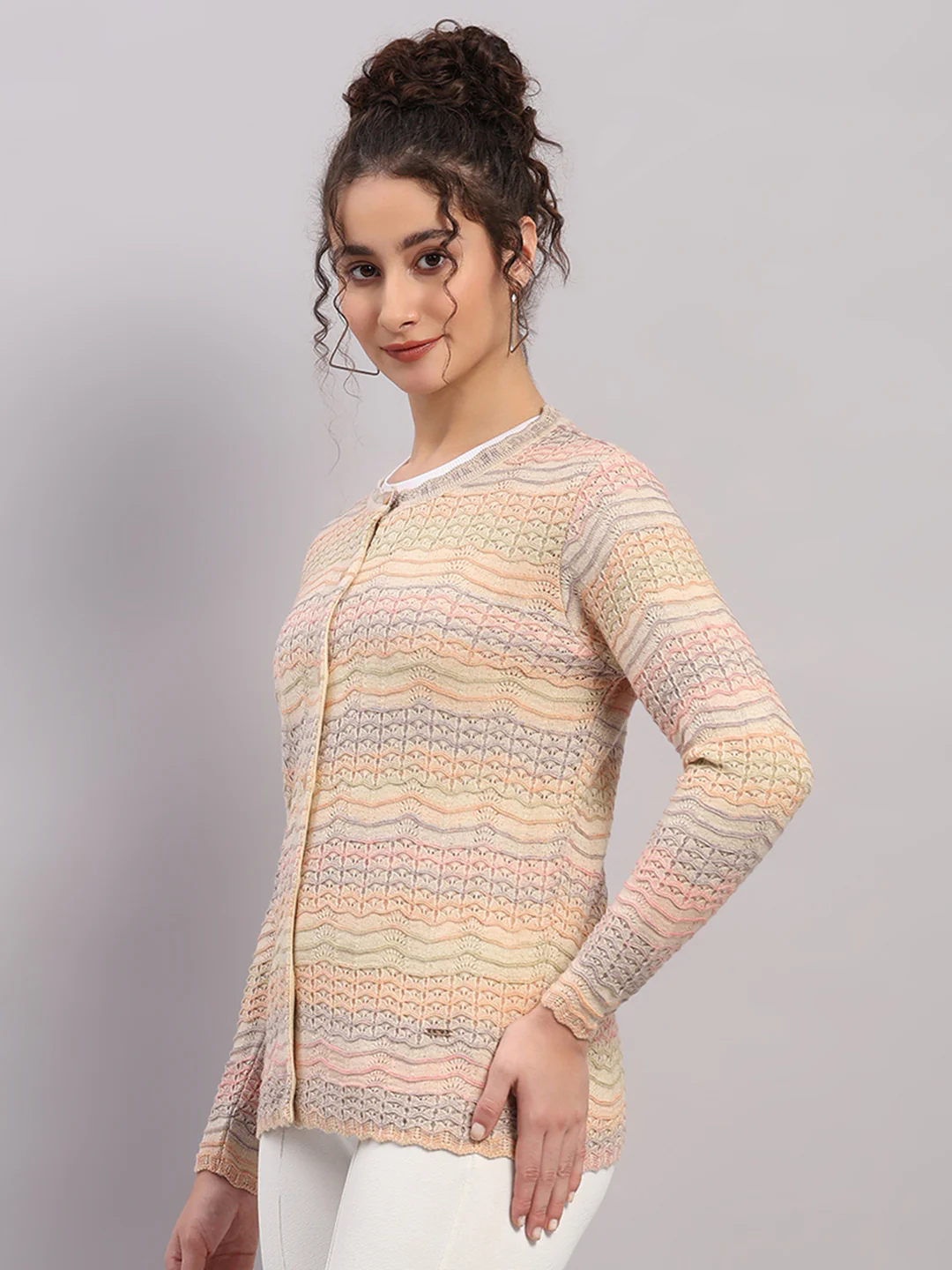 Women Pink Self Design Round Neck Full Sleeve Cardigan - Image 3