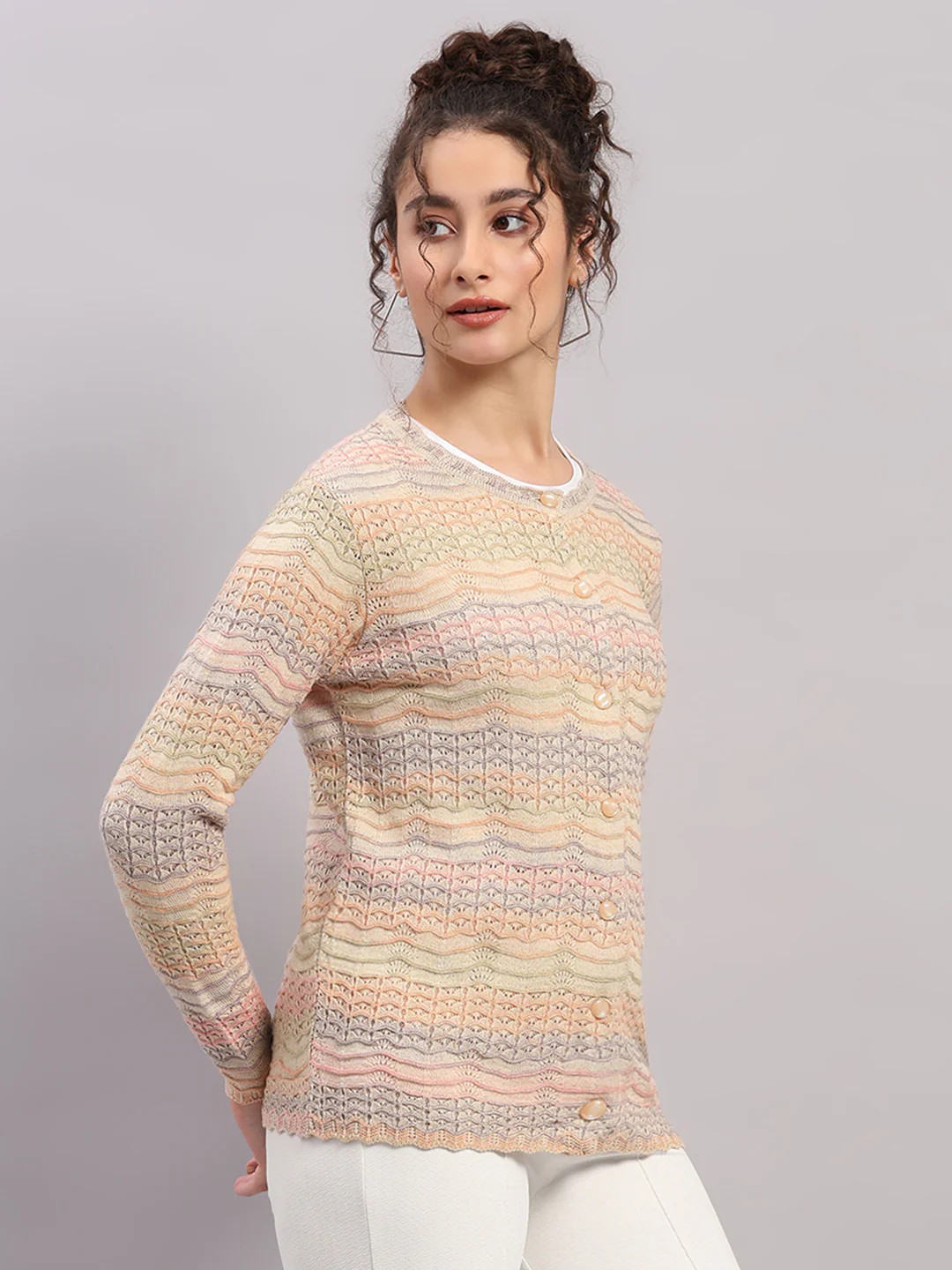 Women Pink Self Design Round Neck Full Sleeve Cardigan - Image 4