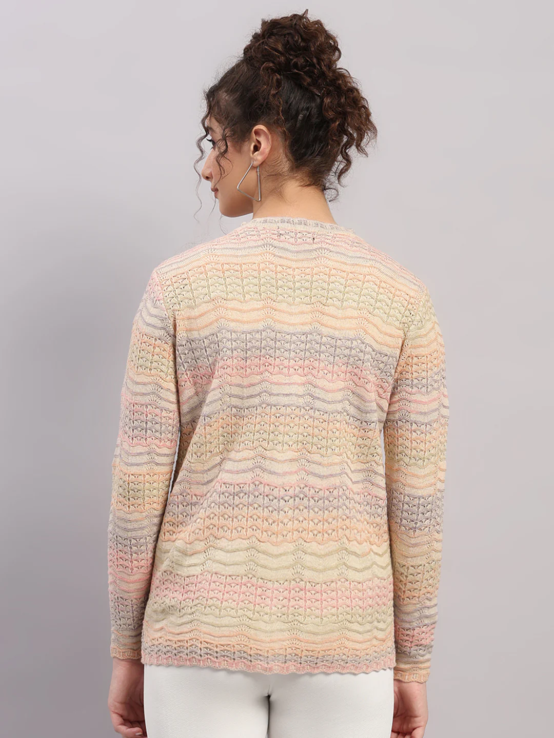Women Pink Self Design Round Neck Full Sleeve Cardigan - Image 5
