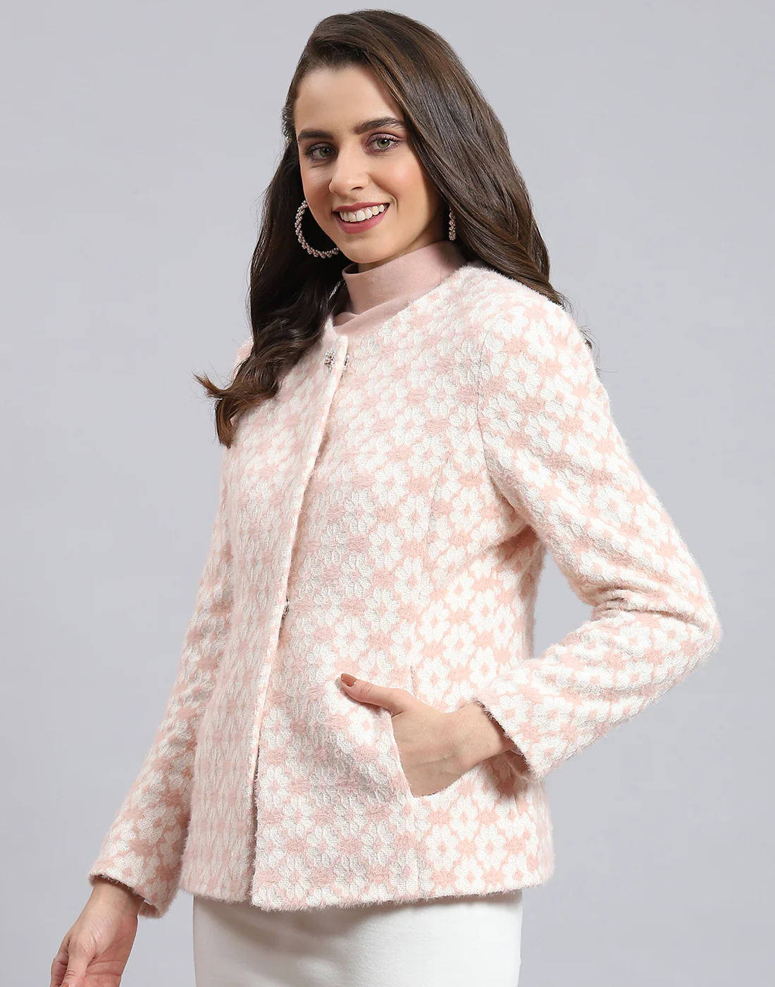 Women Pink Self Design Round Neck Full Sleeve Coat - Image 4