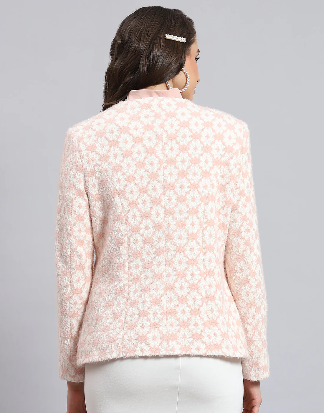 Women Pink Self Design Round Neck Full Sleeve Coat - Image 7