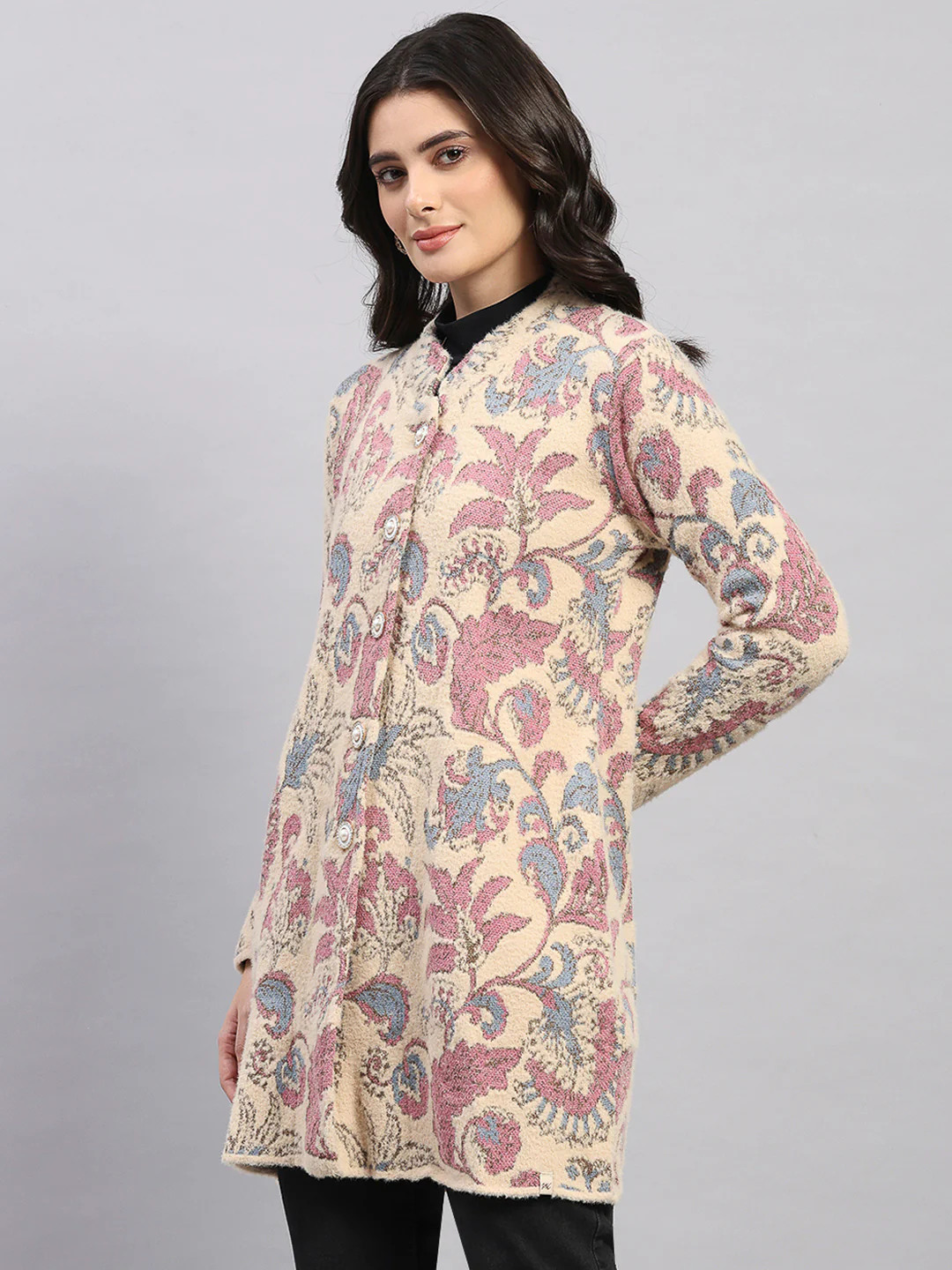 Women Pink Self Design Round Neck Full Sleeve Knitted Coat - Image 3