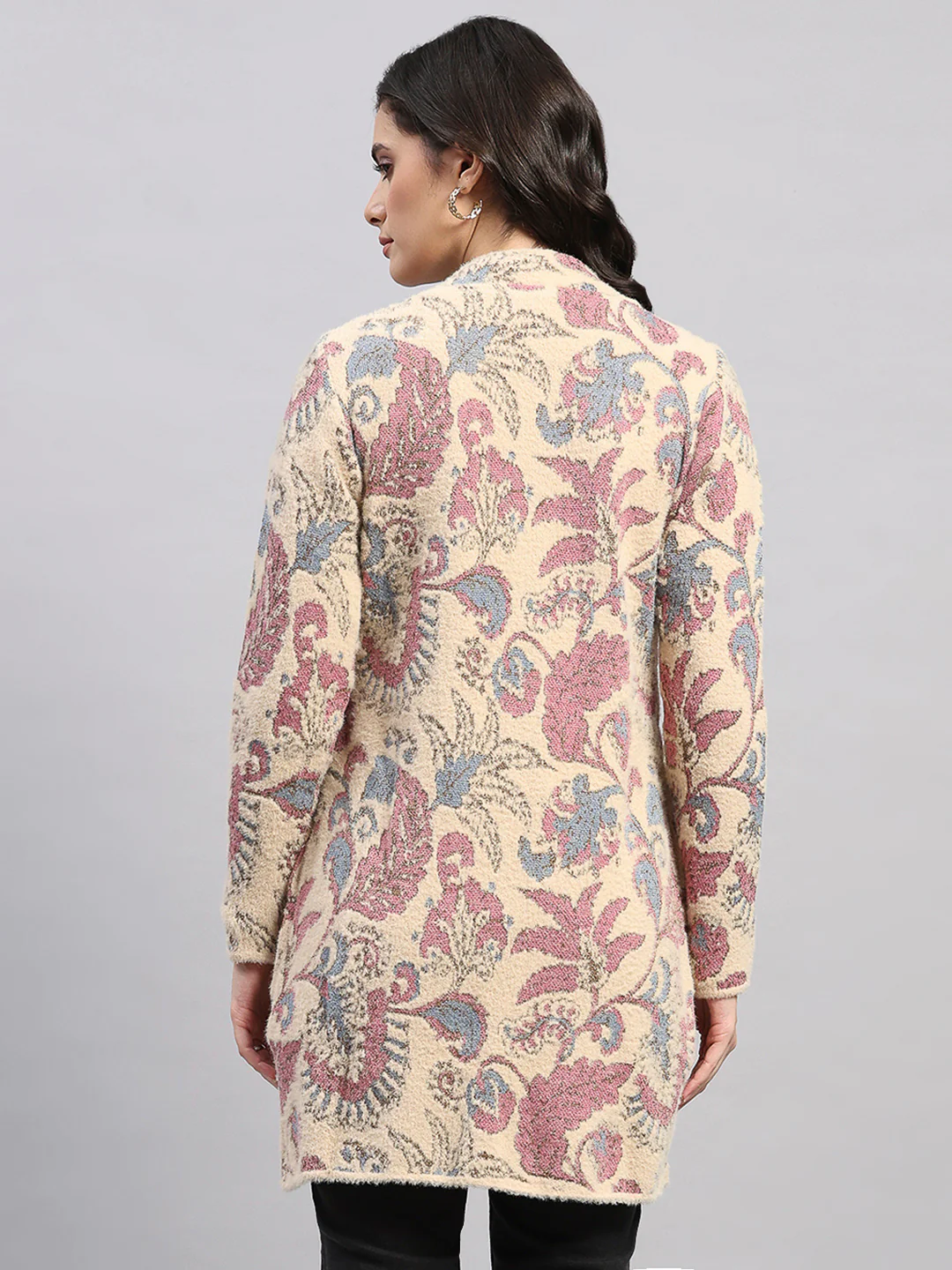 Women Pink Self Design Round Neck Full Sleeve Knitted Coat - Image 5
