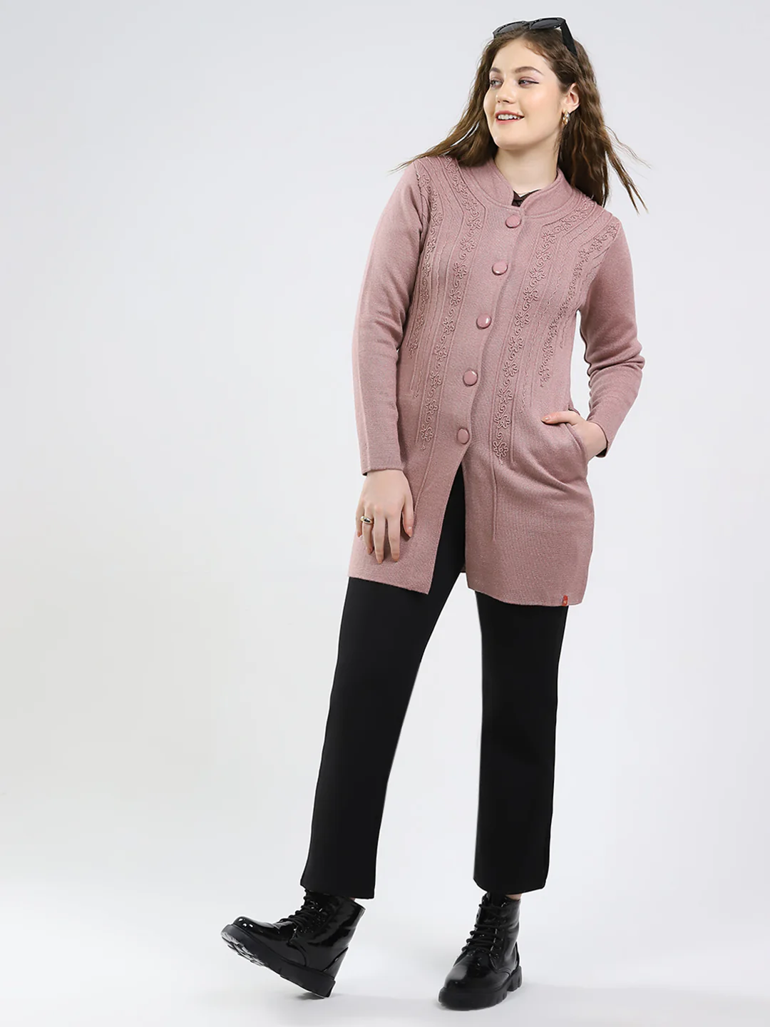 Women Pink Self Design Round Neck Full Sleeve Knitted Coat - Image 2