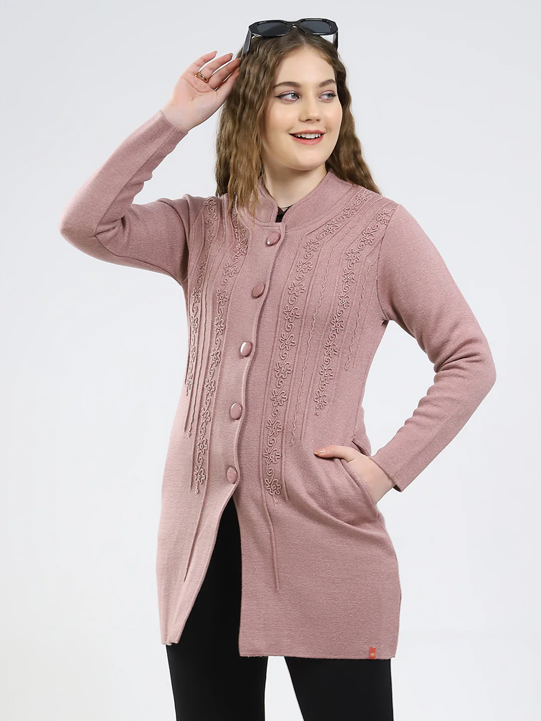 Women Pink Self Design Round Neck Full Sleeve Knitted Coat - Image 6