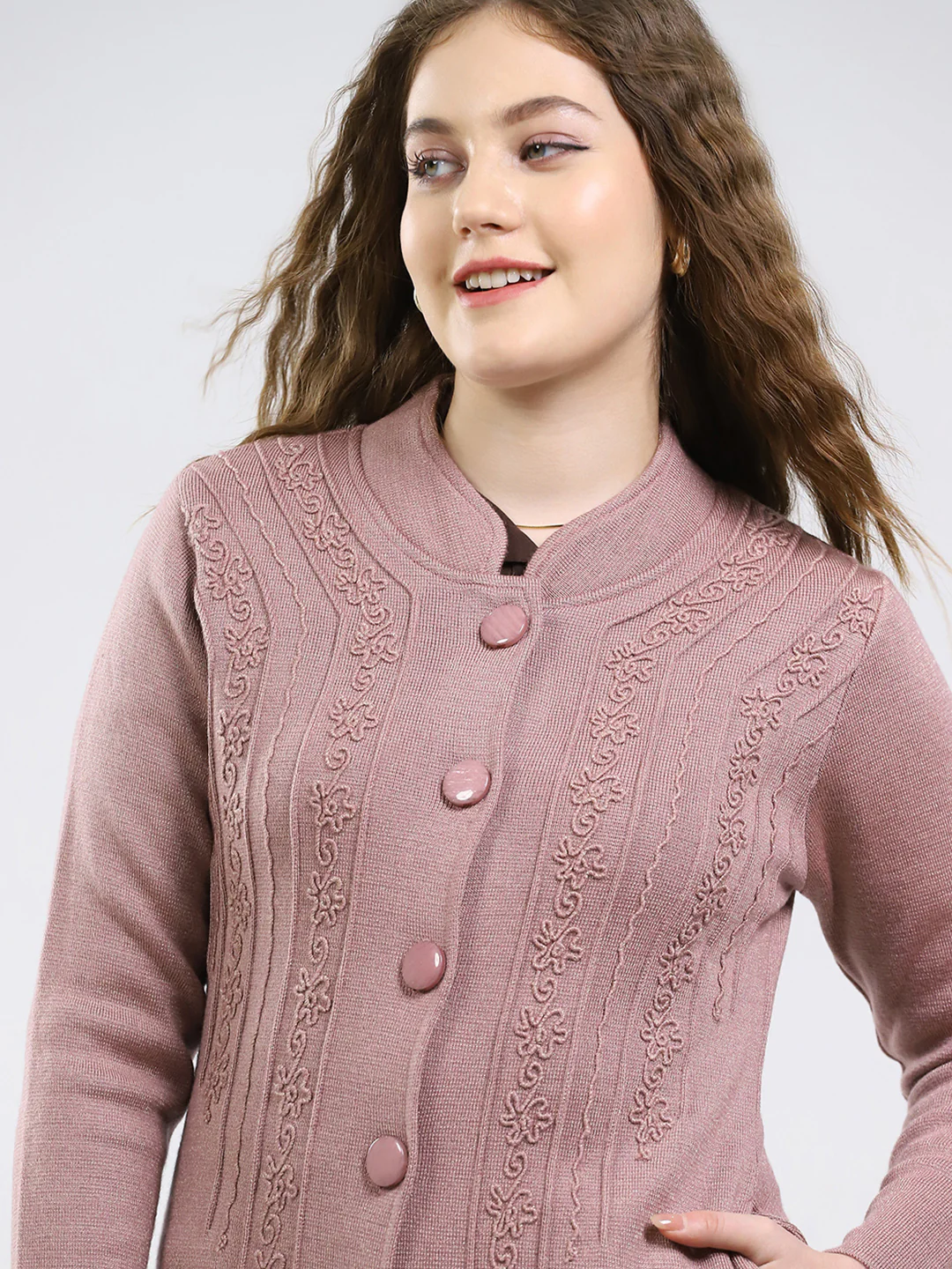 Women Pink Self Design Round Neck Full Sleeve Knitted Coat - Image 7