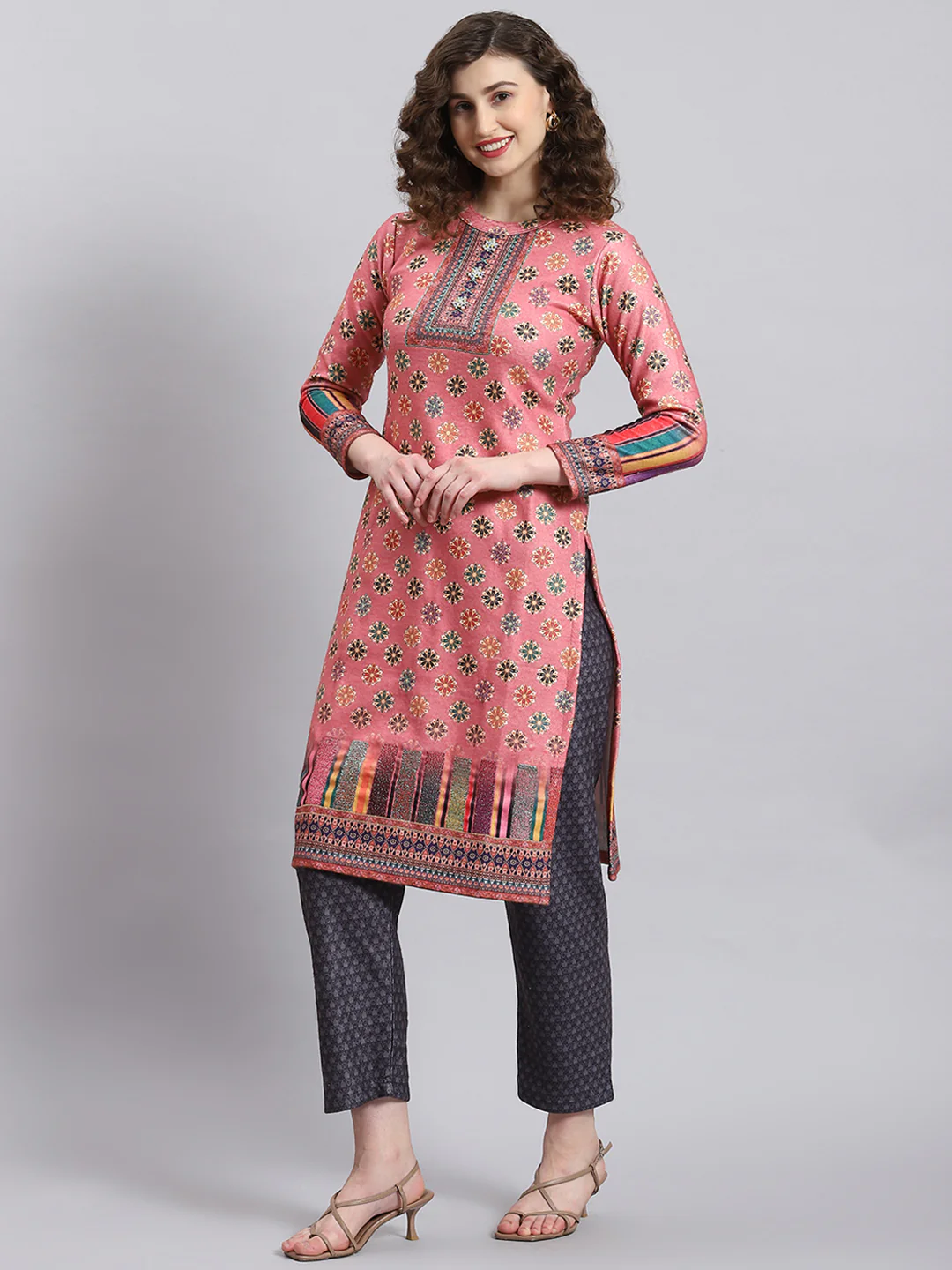 Women Pink Self Design Round Neck Full Sleeve Kurtis Set - Image 2