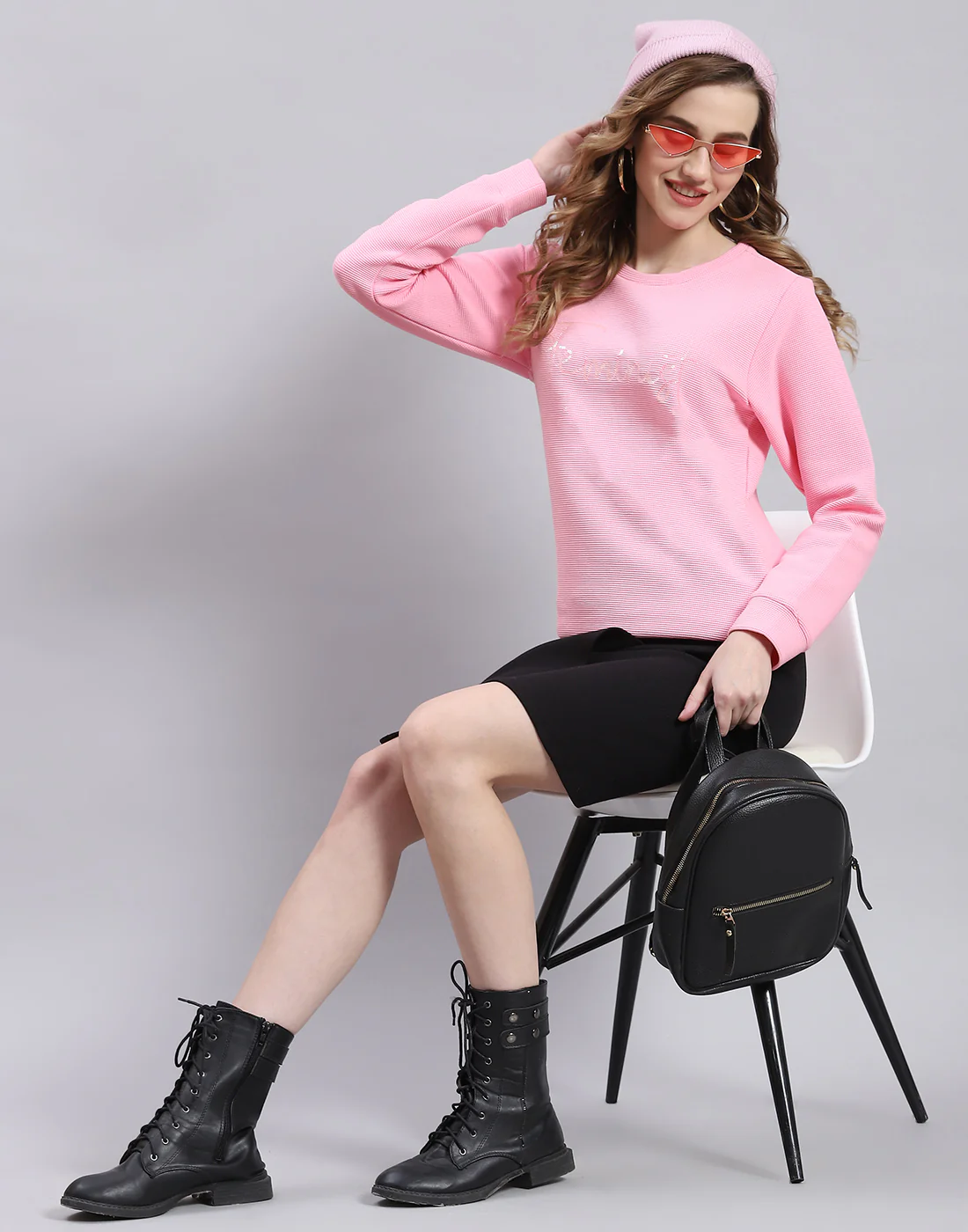 Women Pink Self Design Round Neck Full Sleeve Sweatshirt - Image 2