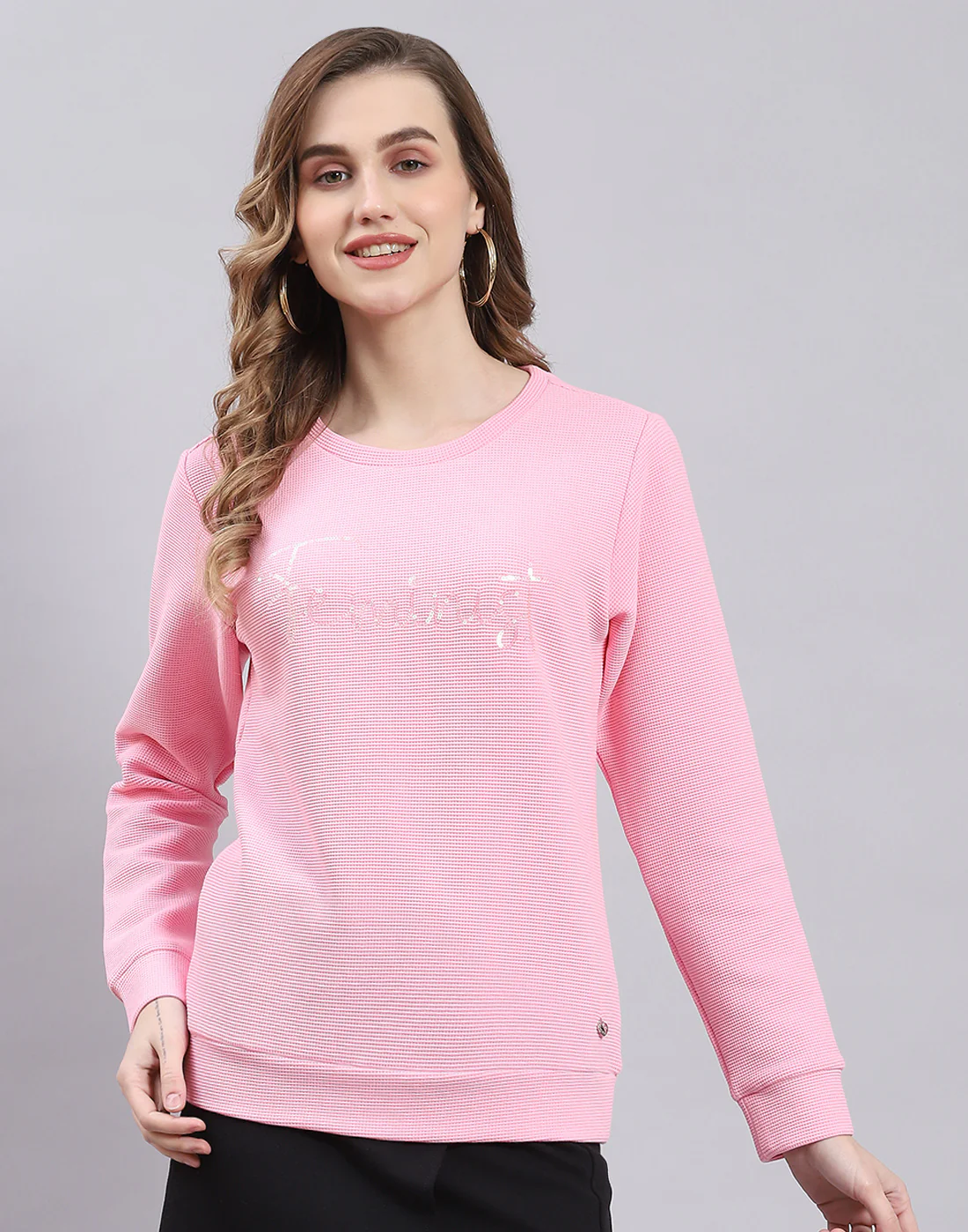 Women Pink Self Design Round Neck Full Sleeve Sweatshirt - Image 3