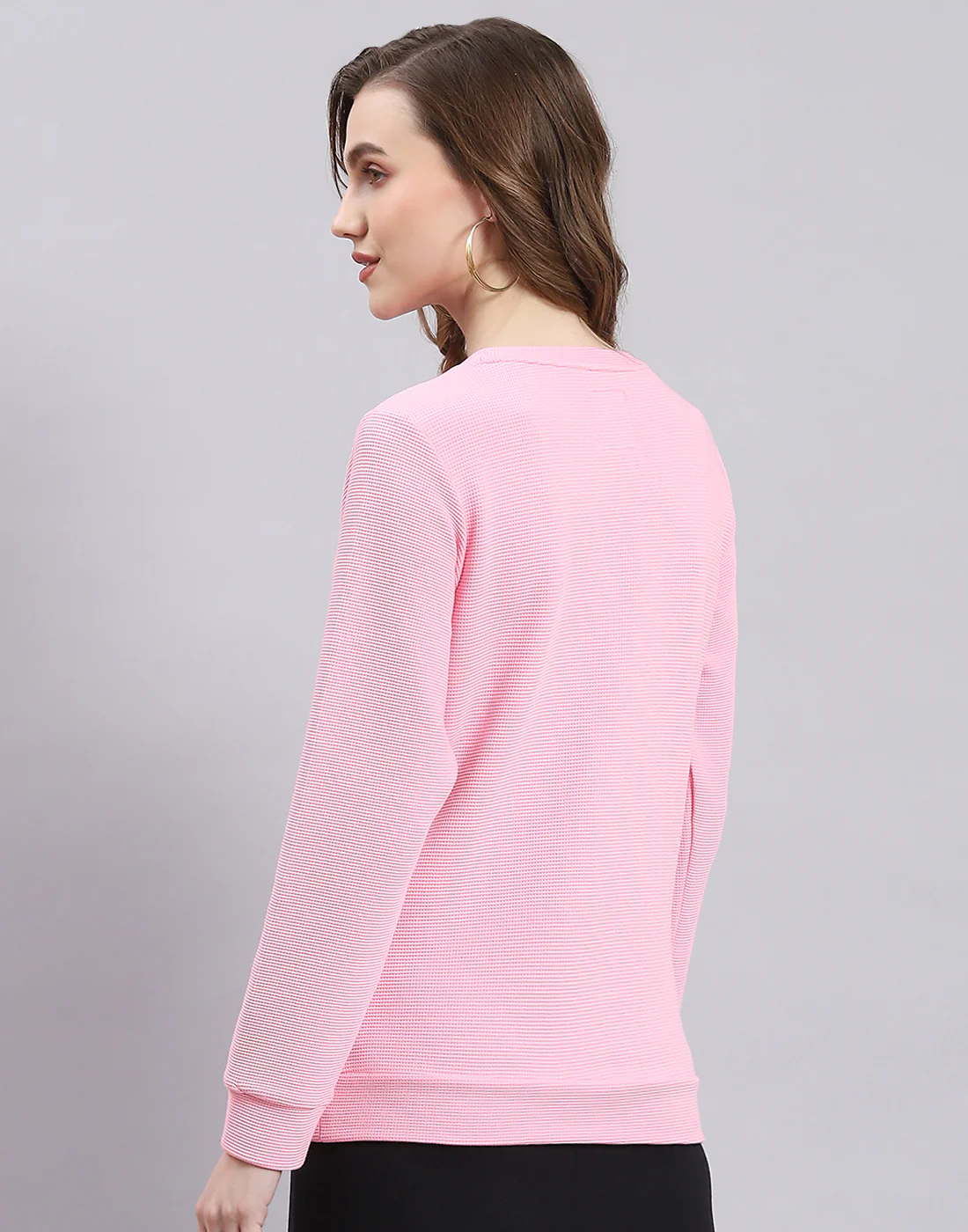 Women Pink Self Design Round Neck Full Sleeve Sweatshirt - Image 6