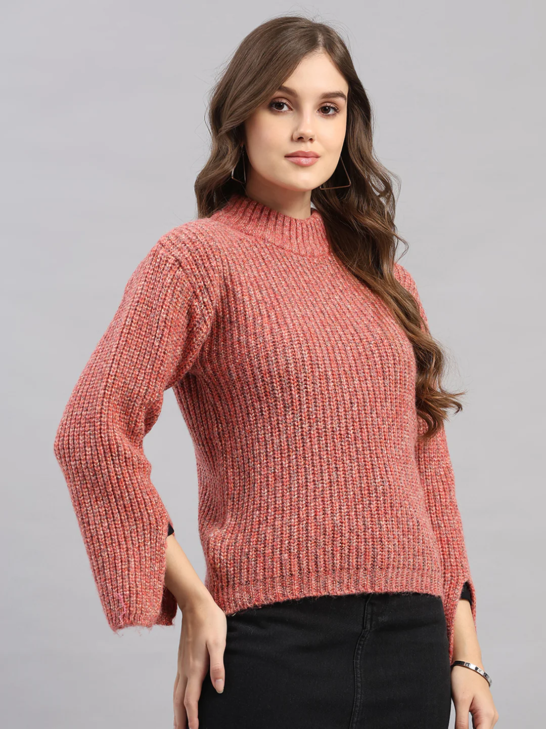 Women Pink Self Design Round Neck Full Sleeve Winter Top - Image 4