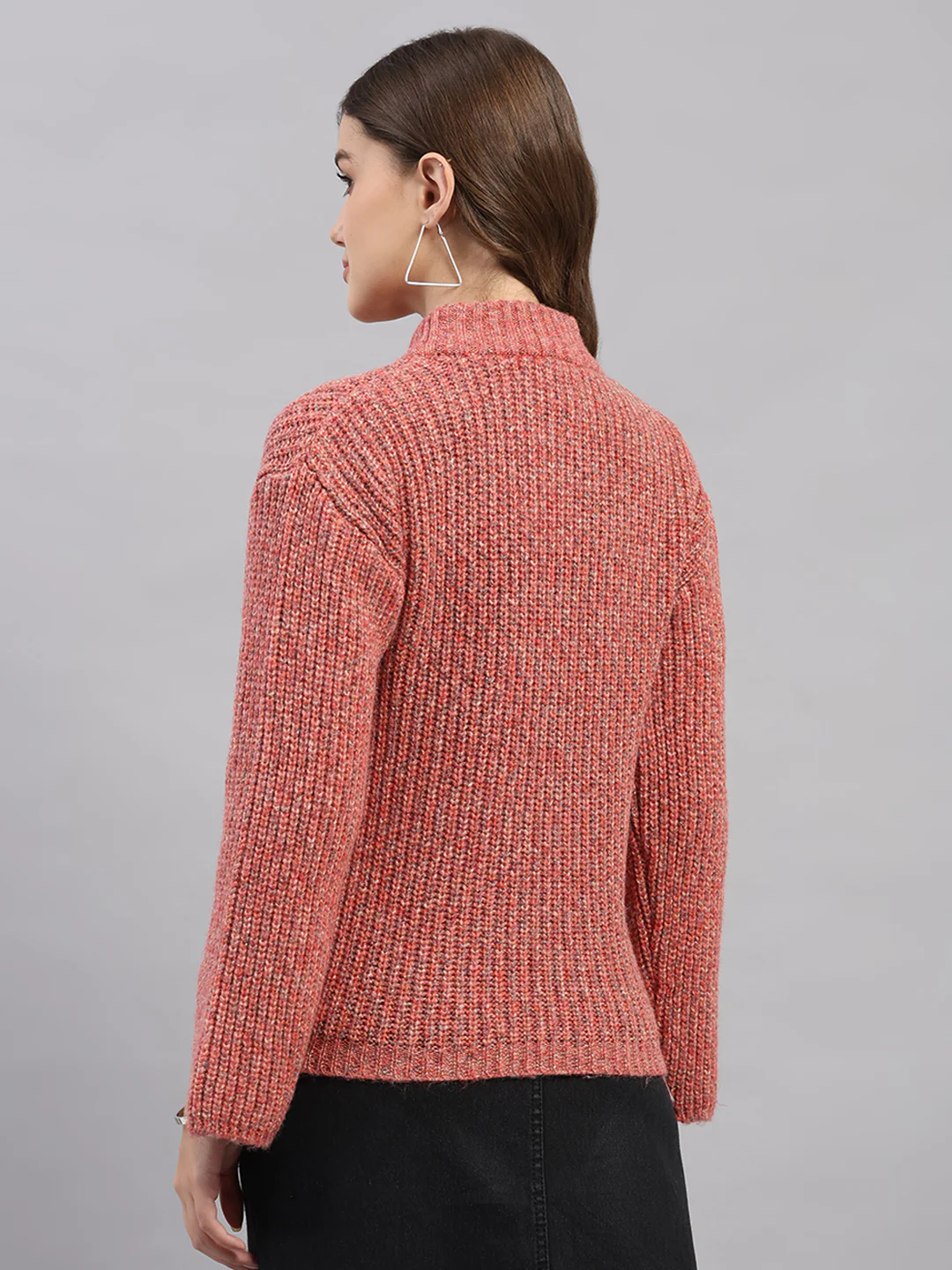 Women Pink Self Design Round Neck Full Sleeve Winter Top - Image 5
