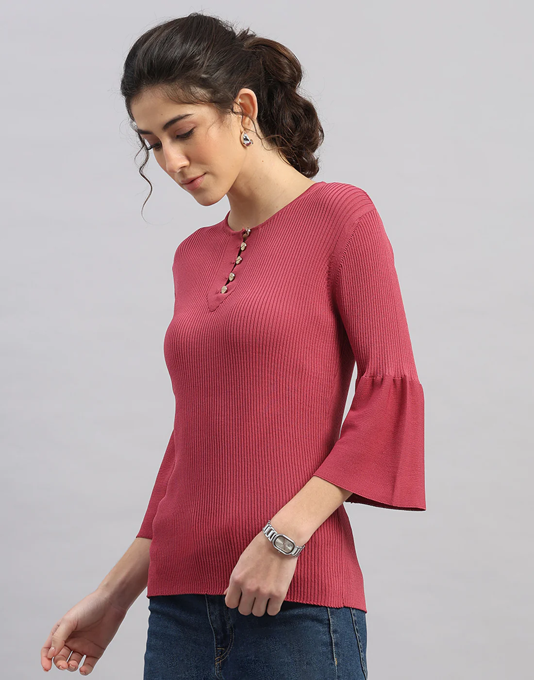 Women Pink Self Design Round Neck Full Sleeve Winter Top - Image 2
