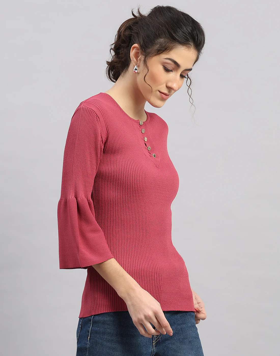 Women Pink Self Design Round Neck Full Sleeve Winter Top - Image 3