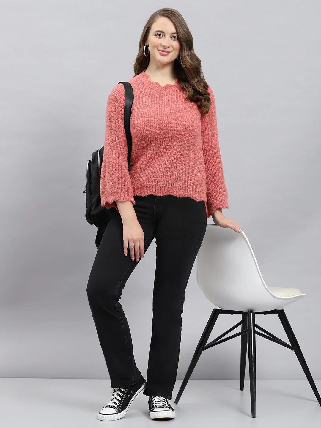 Women Pink Self Design Round Neck Full Sleeve Winter Tops - Image 2
