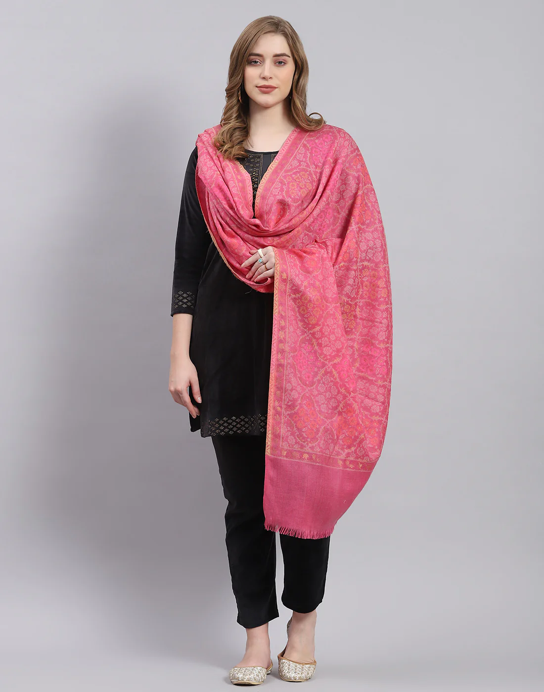 Women Pink Self Design Shawl - Image 3