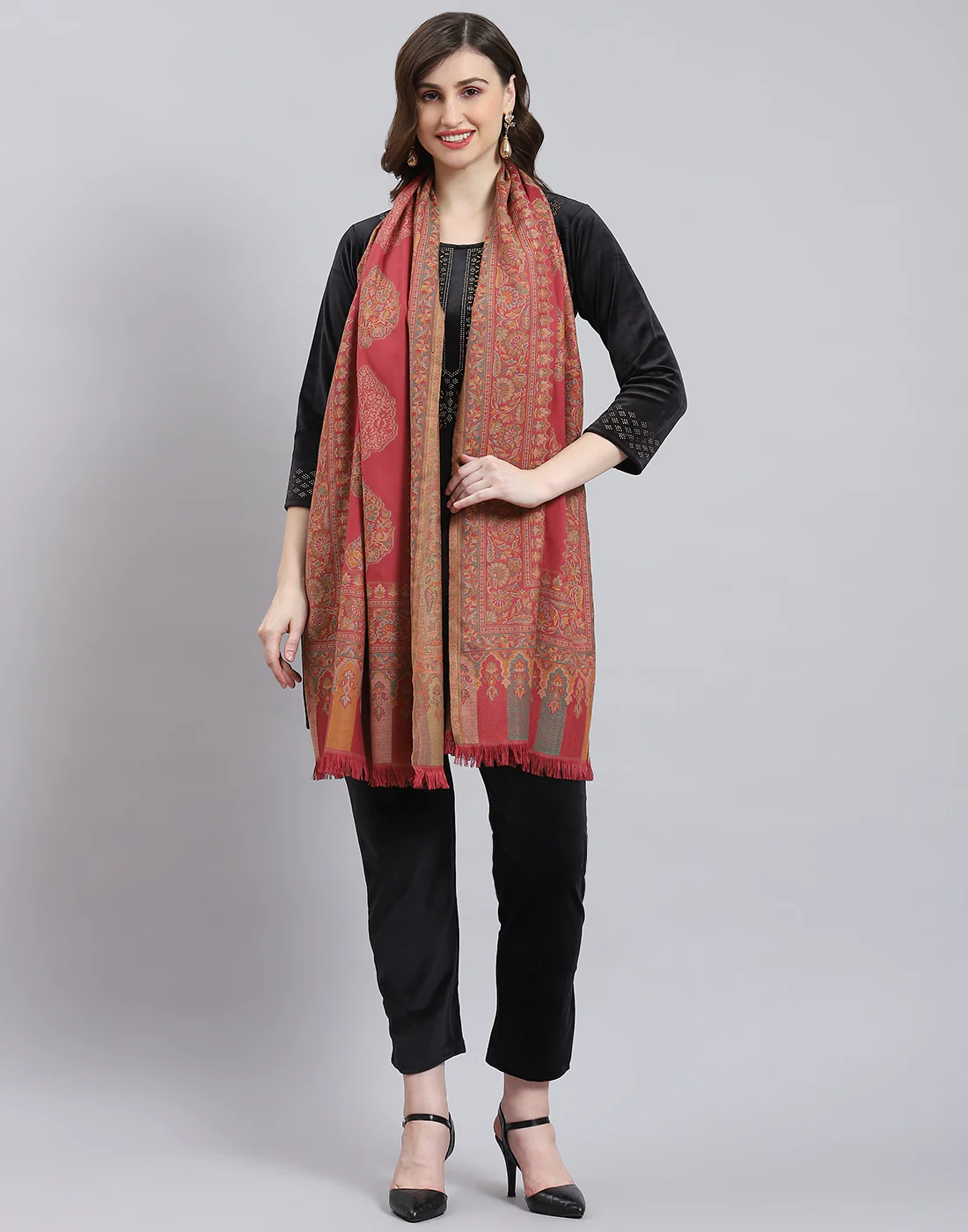 Women Pink Self Design Stole - Image 2