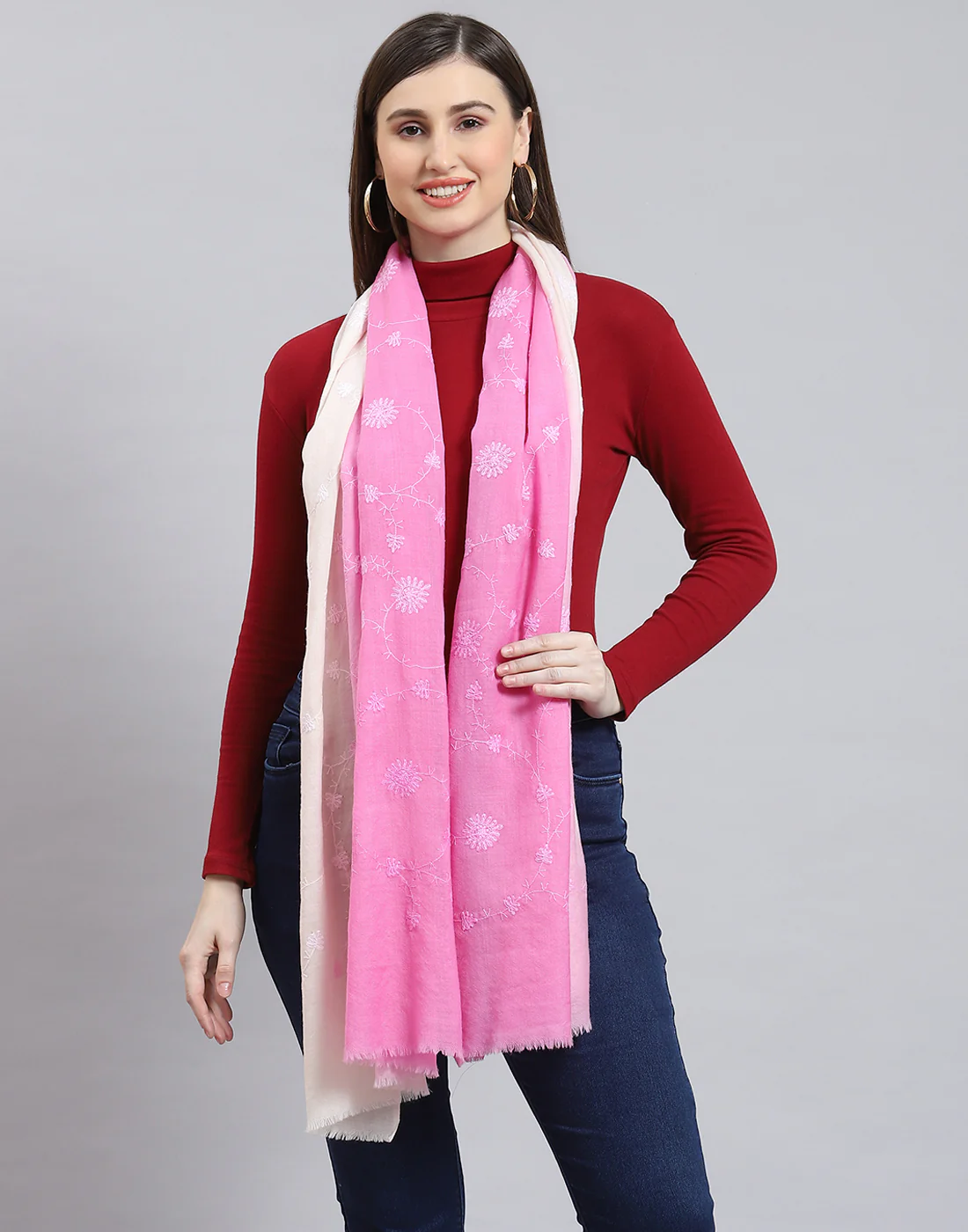 Women Pink Self Design Stole - Image 3