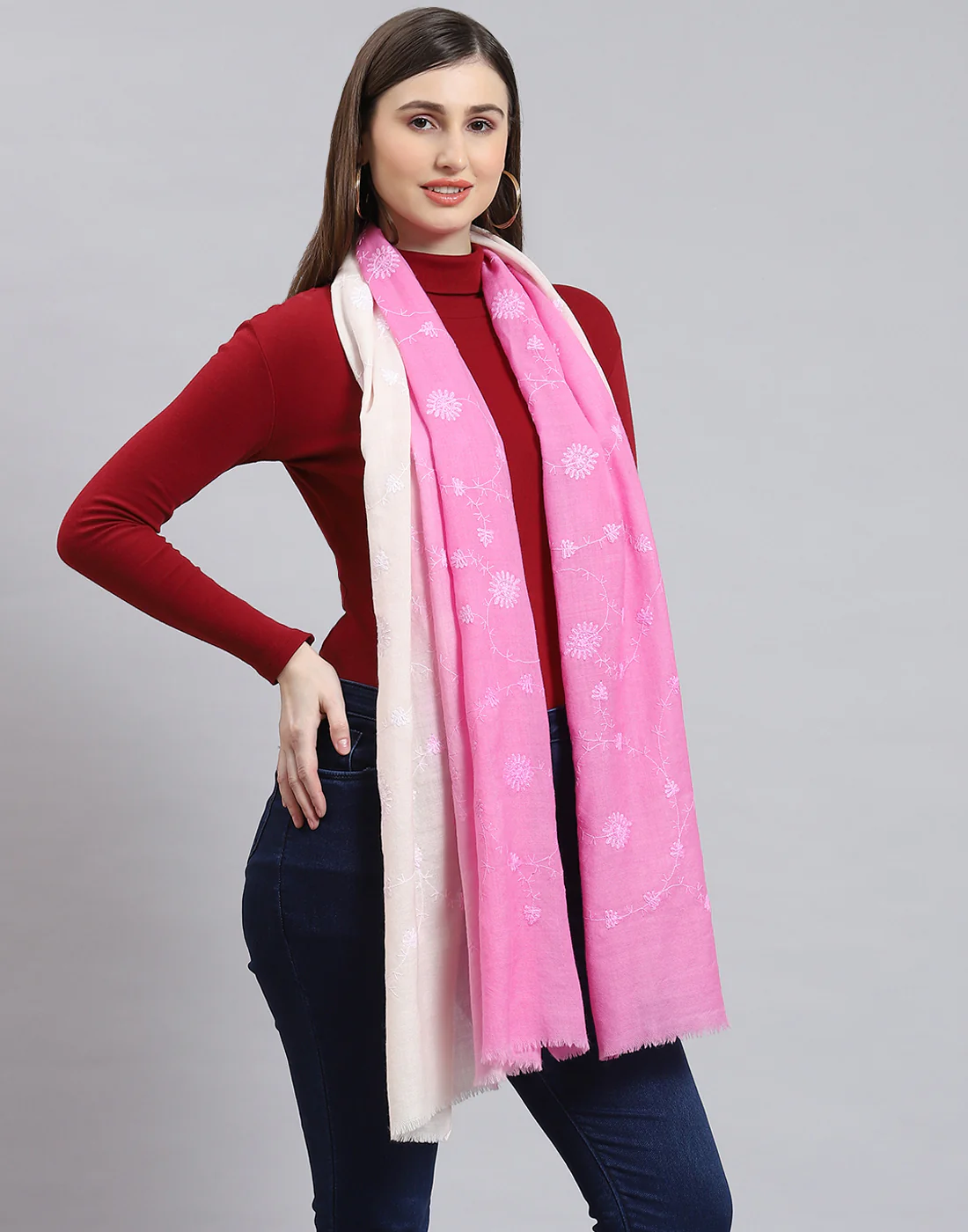 Women Pink Self Design Stole - Image 5