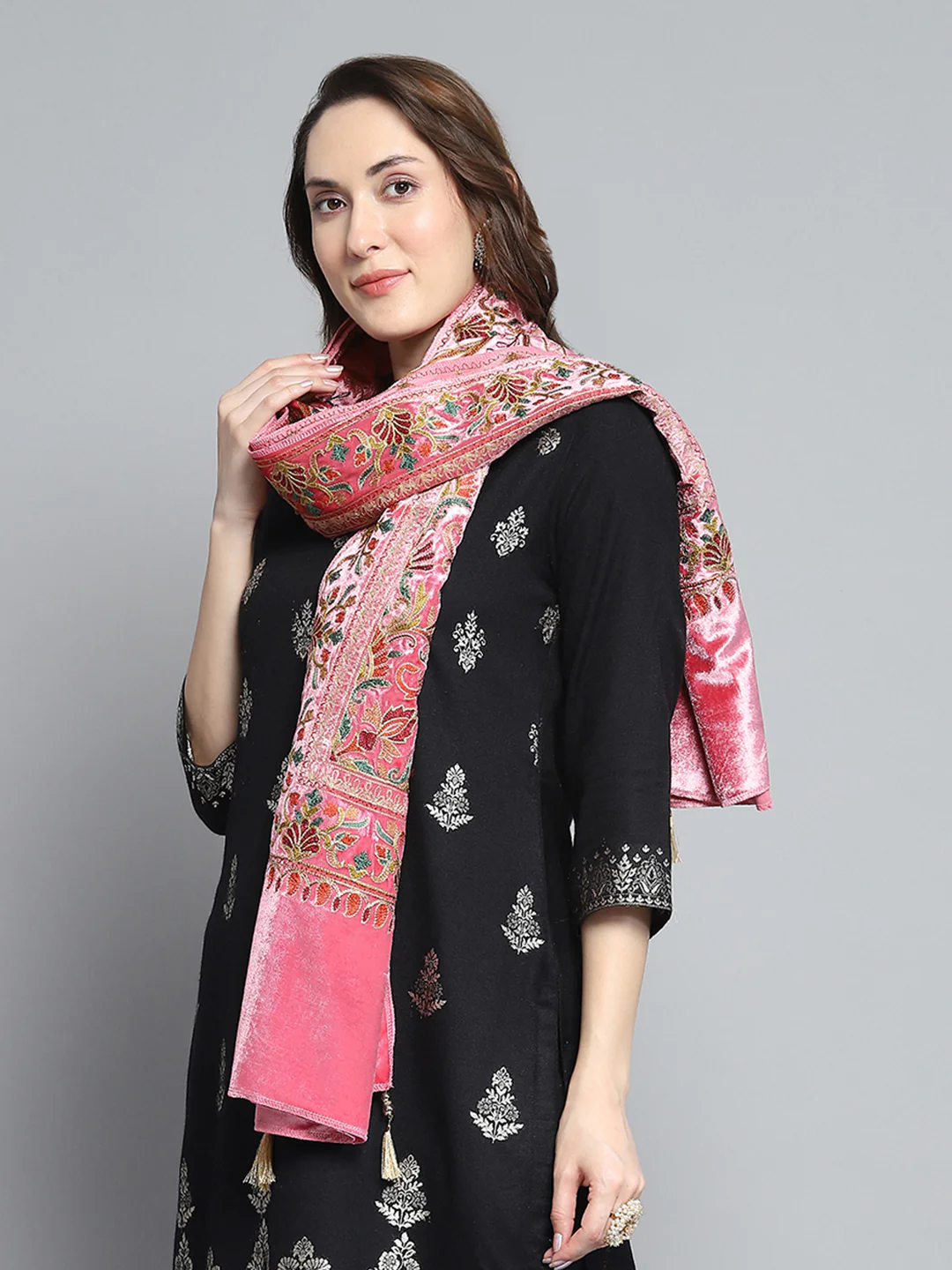 Women Pink Self Design Stole - Image 3
