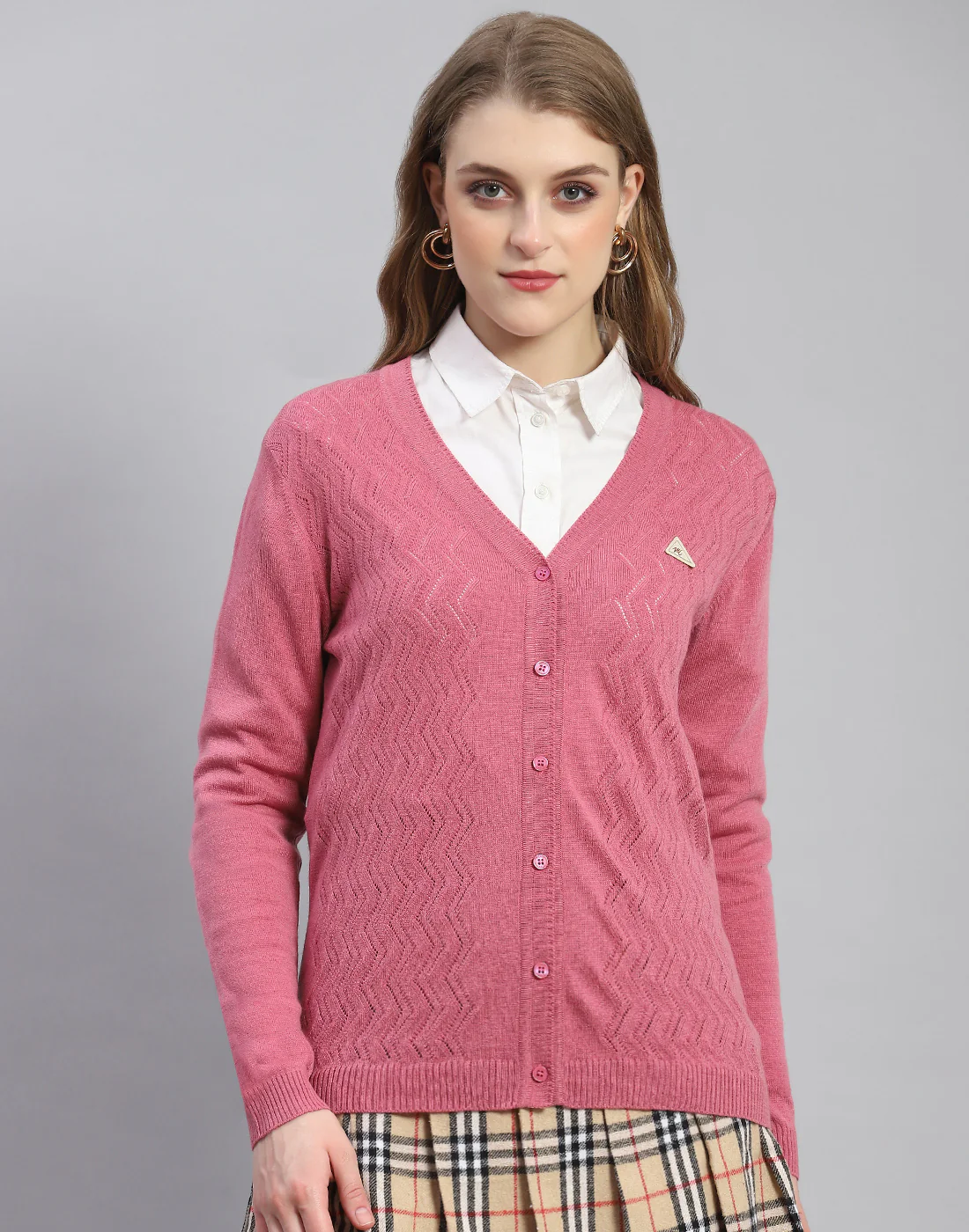 Women Pink Self Design V Neck Full Sleeve Cardigan - Image 2