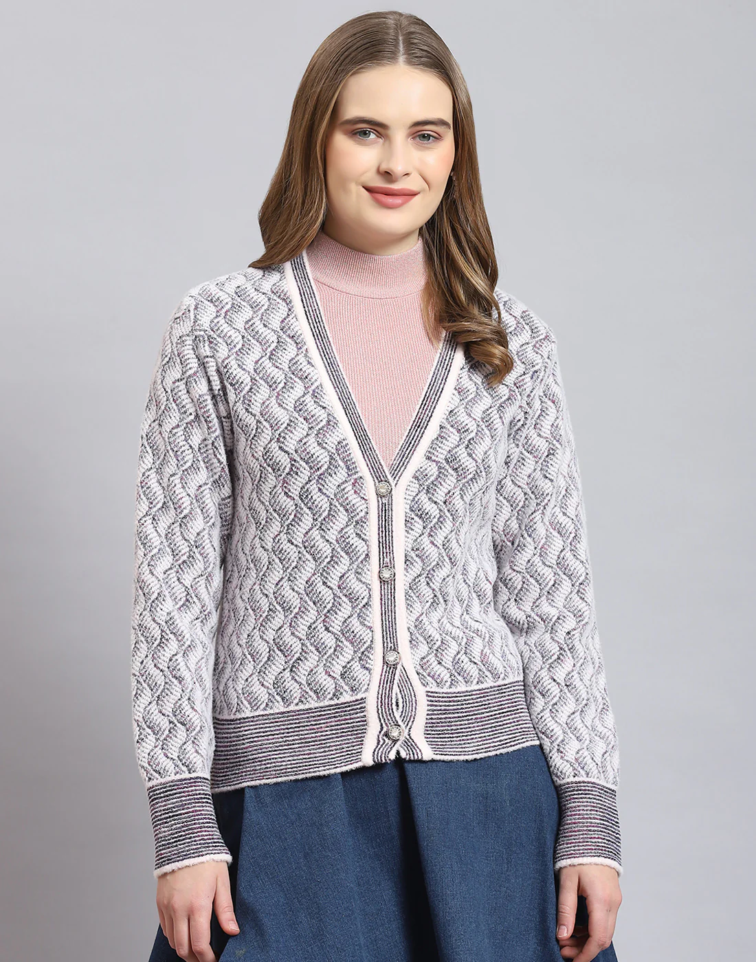 Women Pink Self Design V Neck Full Sleeve Cardigan - Image 2