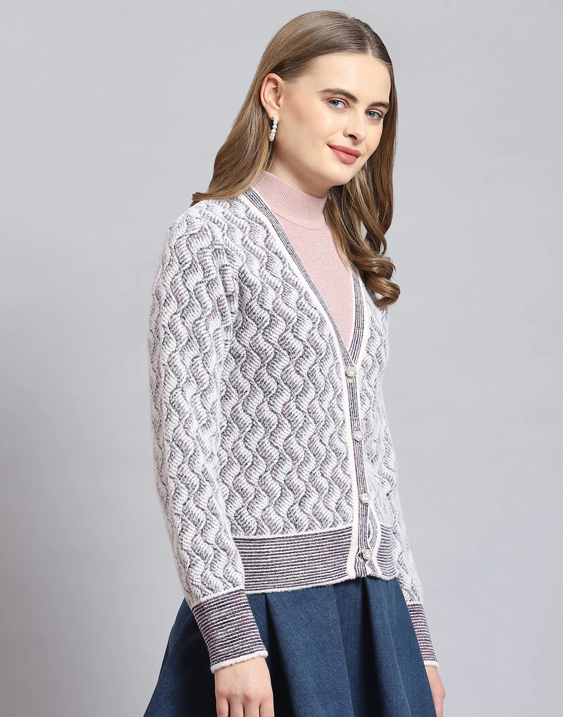 Women Pink Self Design V Neck Full Sleeve Cardigan - Image 4