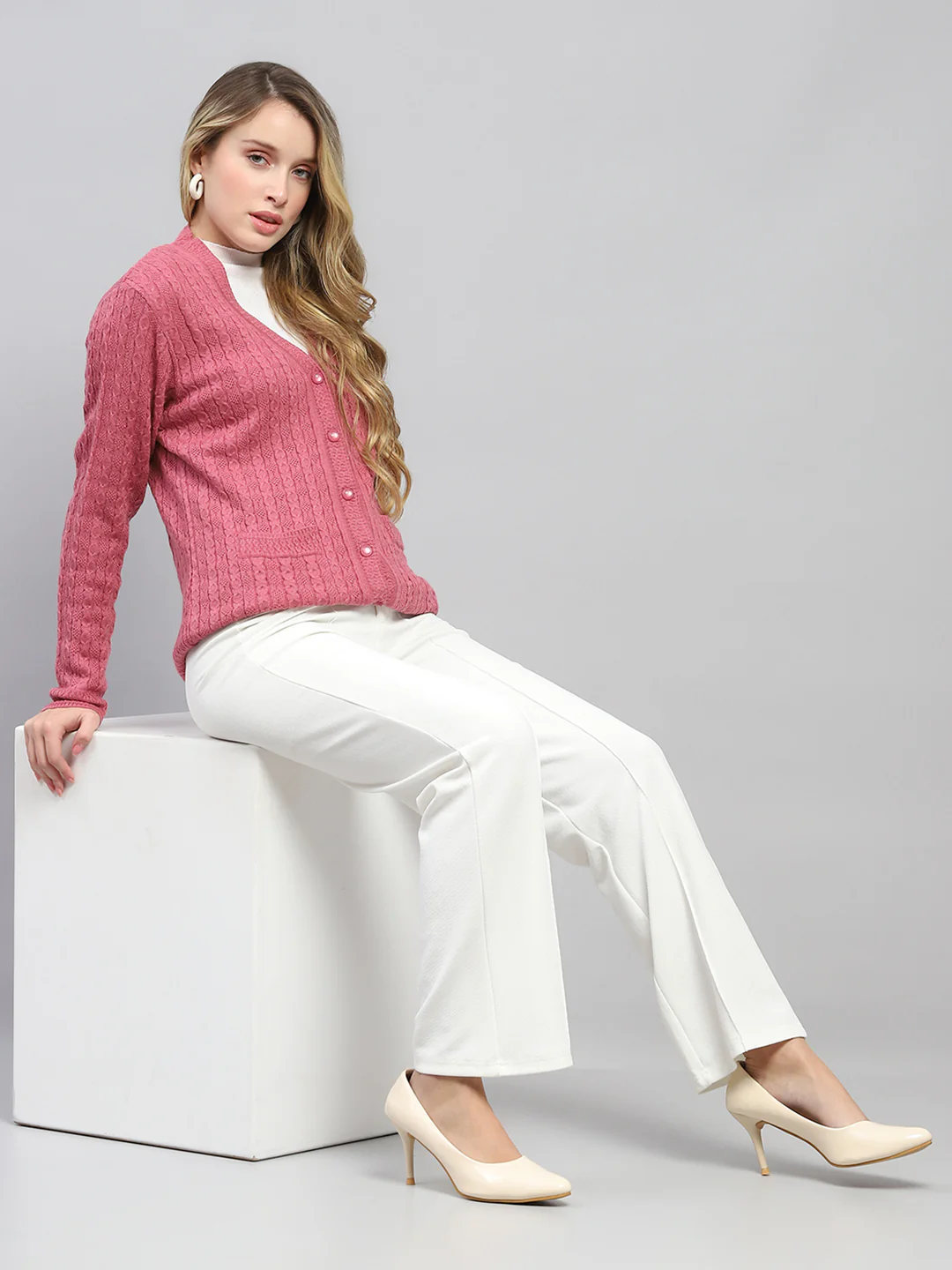 Women Pink Self Design V Neck Full Sleeve Cardigan - Image 2