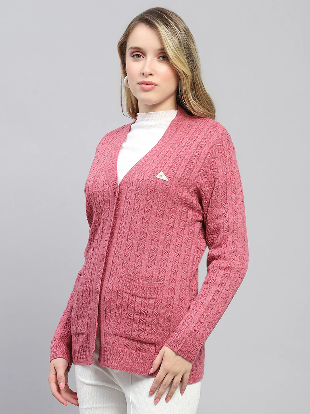Women Pink Self Design V Neck Full Sleeve Cardigan - Image 3