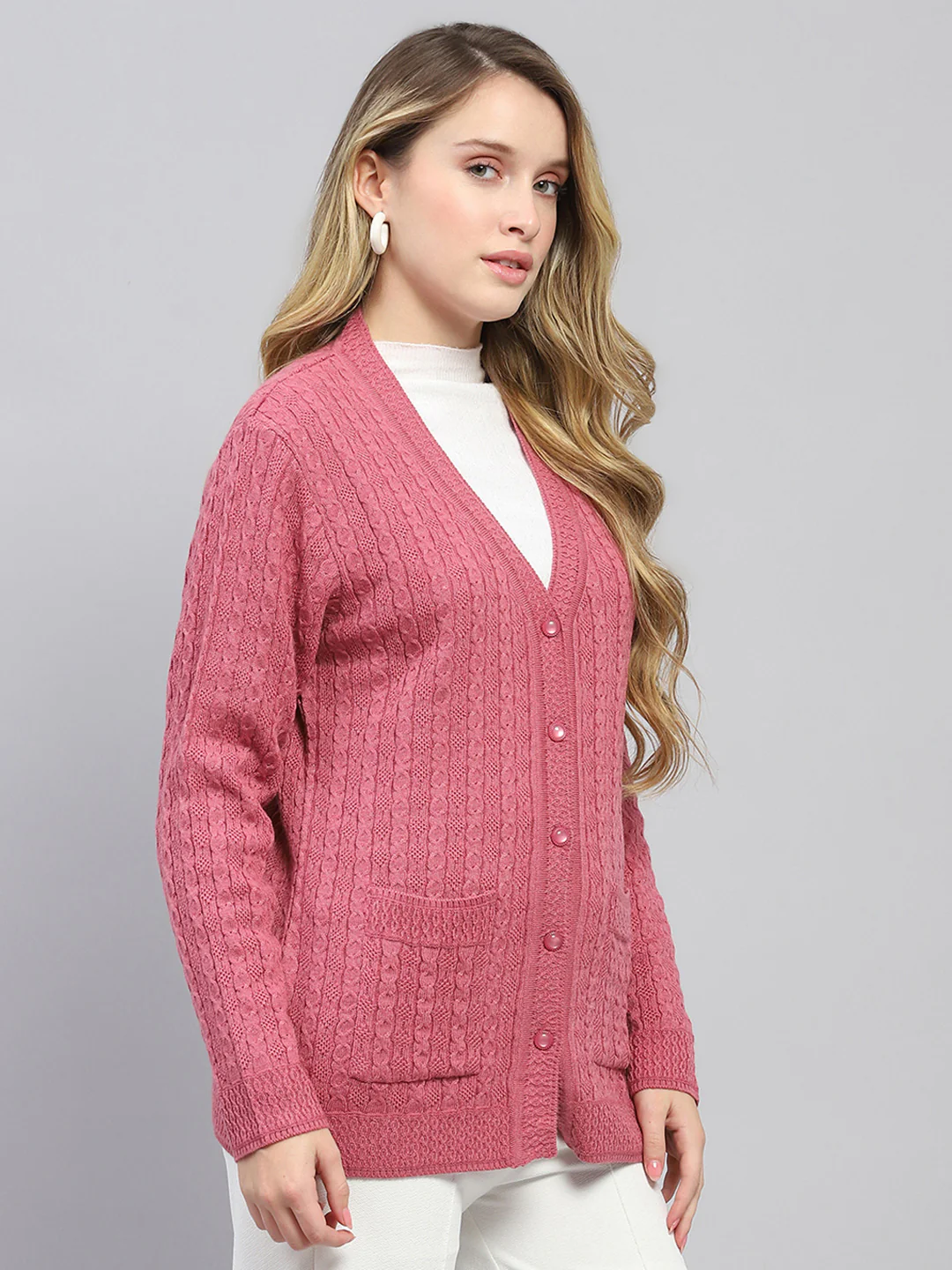 Women Pink Self Design V Neck Full Sleeve Cardigan - Image 4