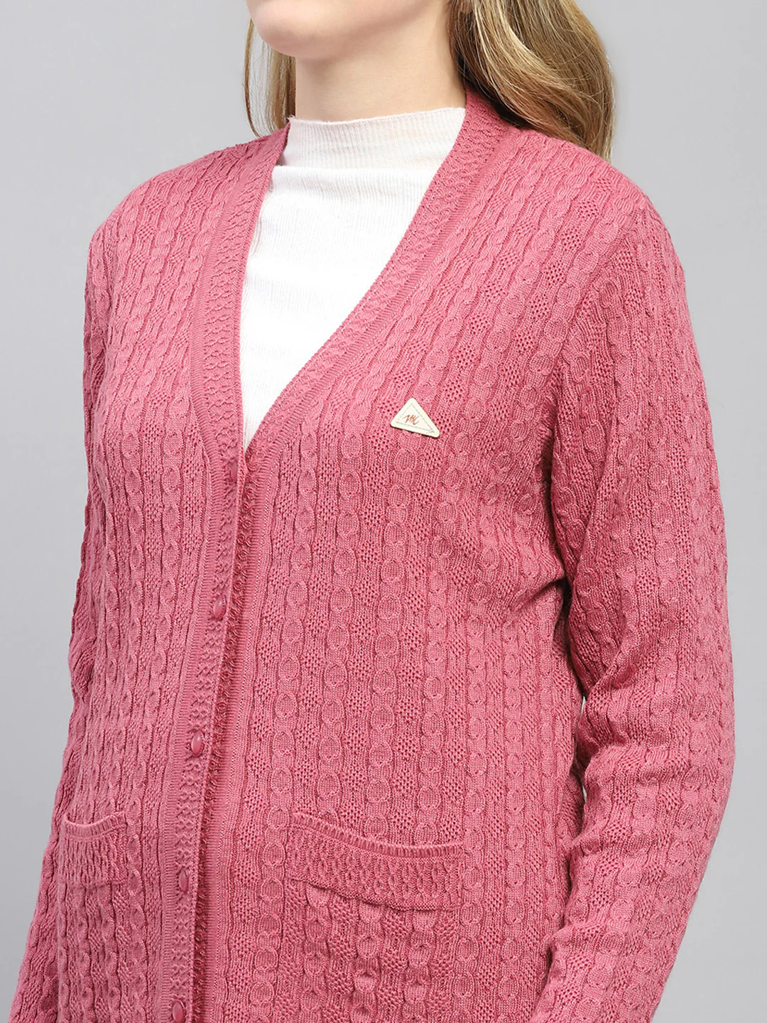 Women Pink Self Design V Neck Full Sleeve Cardigan - Image 6